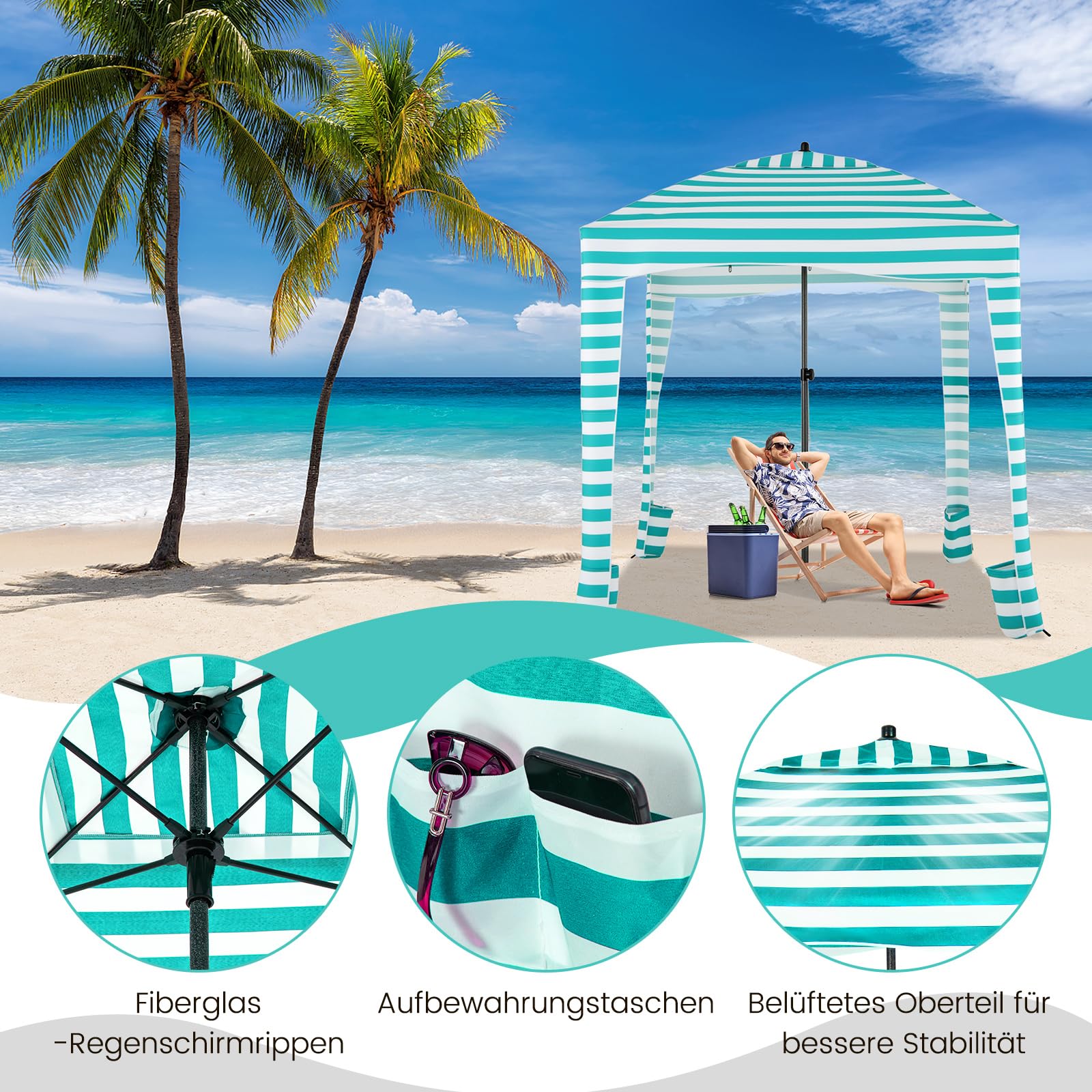 COSTWAY Osłona przeciwsłoneczna ze zdejmowaną ścianką boczną i 8 workami na piasek, przenośny namiot plażowy z torbą do przenoszenia, cień outdoorowy, na plażę, kemping, piknik, 183 x 183 cm