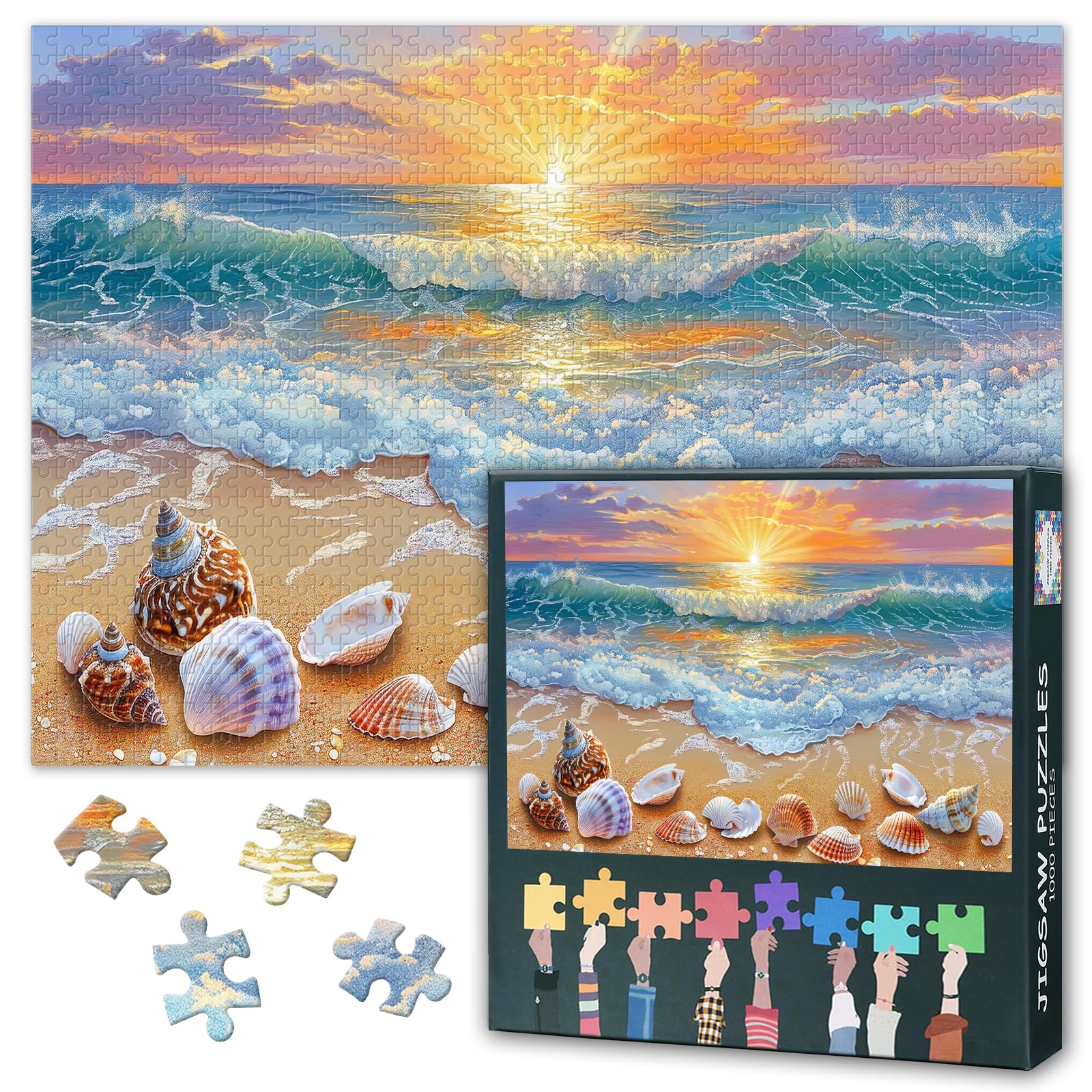 Seashells on the Beach 1000 Pieces Puzzles for Adults, Beautiful Seascape Puzzle for Adults Elderly, Sunrise Over the Ocean Jigsaw Puzzle 1000 Pieces, Family Activity Game Nights Gifts 20x27inches — image 1