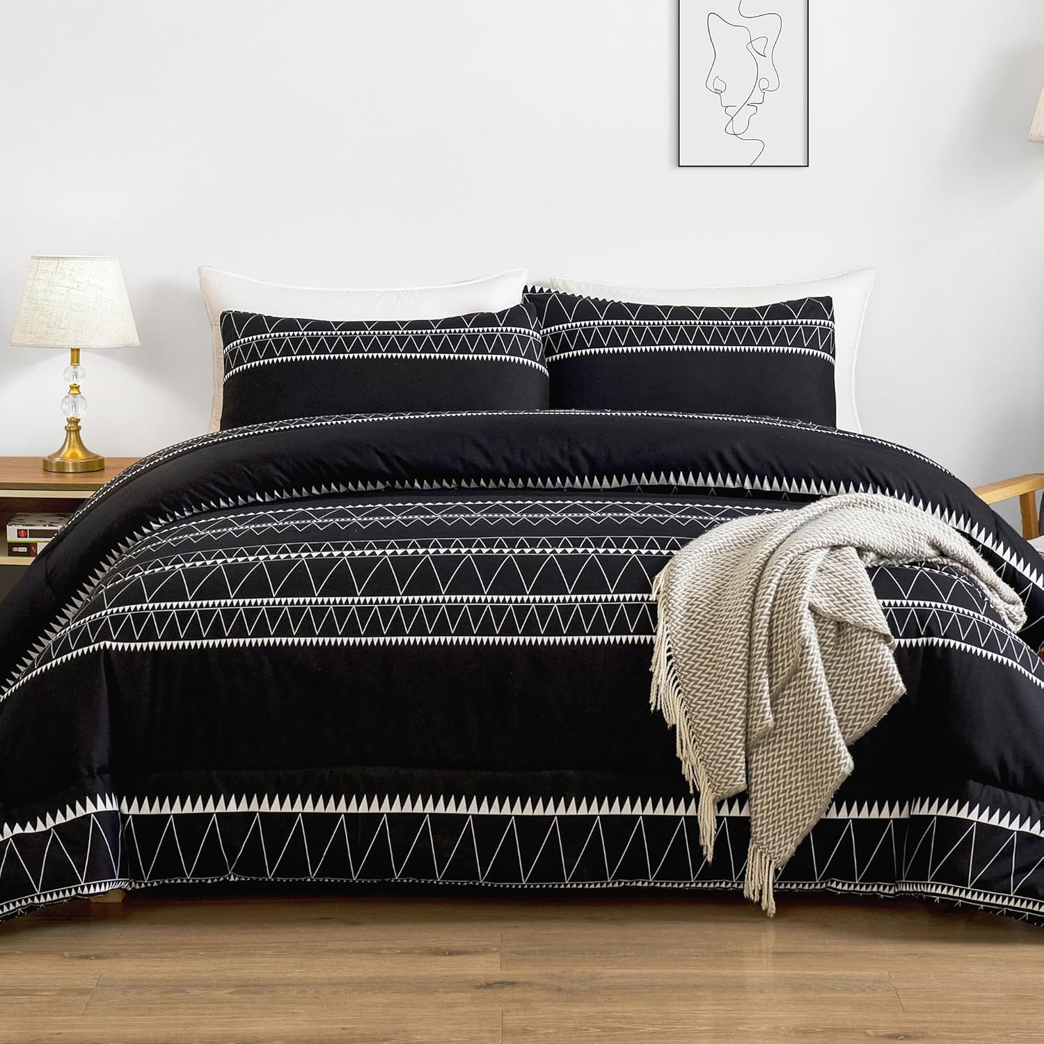 Andency Black California King Comforter Set, 3 Pieces Bedding Comforter Sets (1 Geometric Striped Comforter & 2 Pillowcases), Bohemian Summer Lightweight Microfiber Down Alternative Bed Set 04 - Black California King (104*96 in)