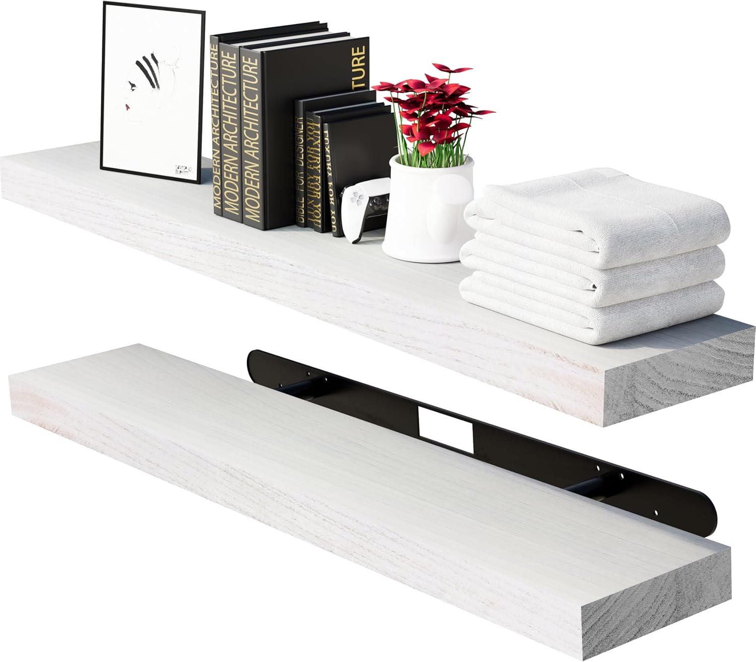 Wooden Floating Shelves for Wall 35.4" White Bathroom Shelves Set of 2 Natural Wood Floating Shelf Décor Rustic Wall Mounted Shelves for Bedroom,Living Room,Kitchen (White)