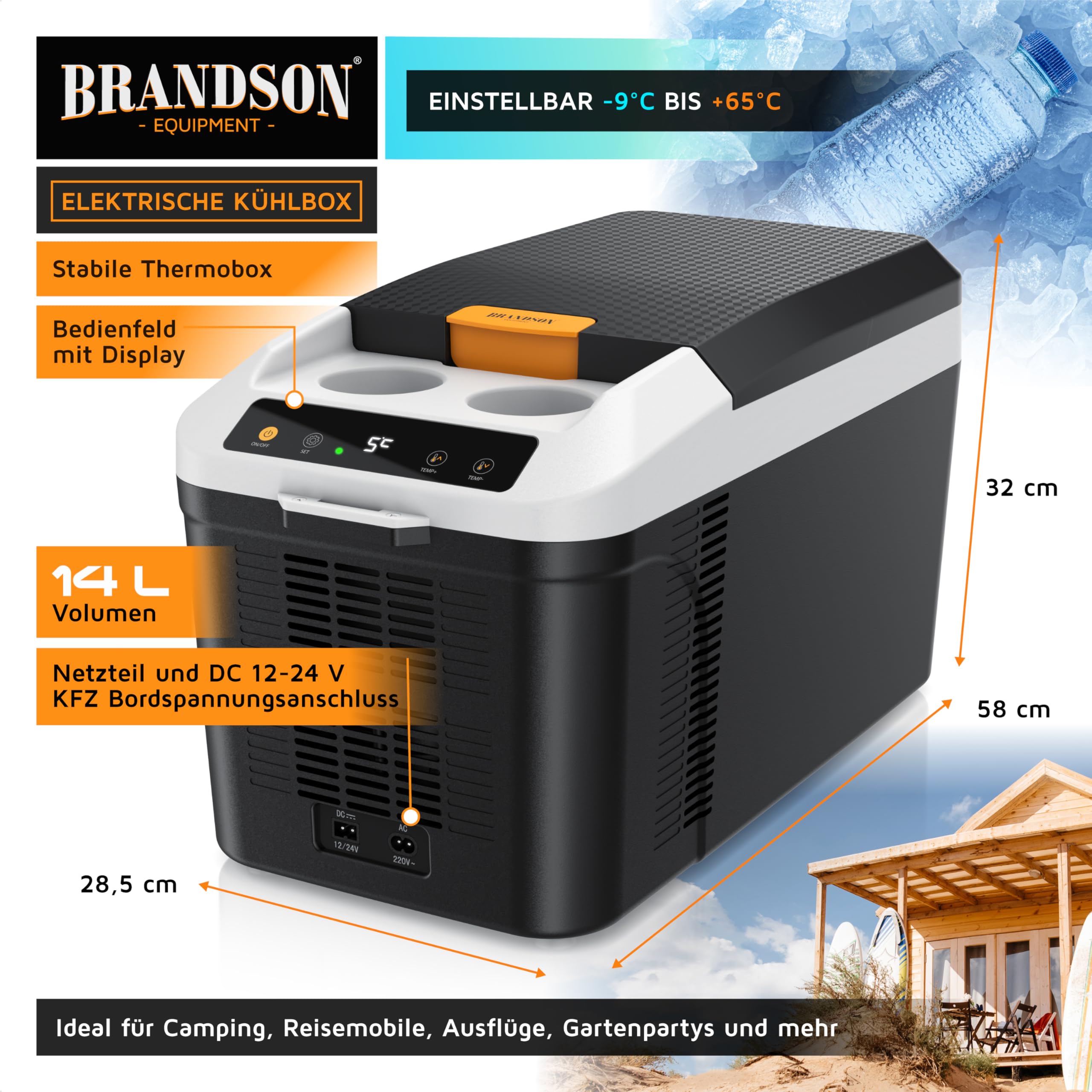 Brandson - Kfz Kühlbox elektrisch 14L – 230 V Netzspannung und 12 V KFZ Bordspannung – kühlt und wärmt – Heizen max. 65°C – Herabkühlen ca 20°C unter der Umgebungstemperatur - Auto Wohnmobil Boot