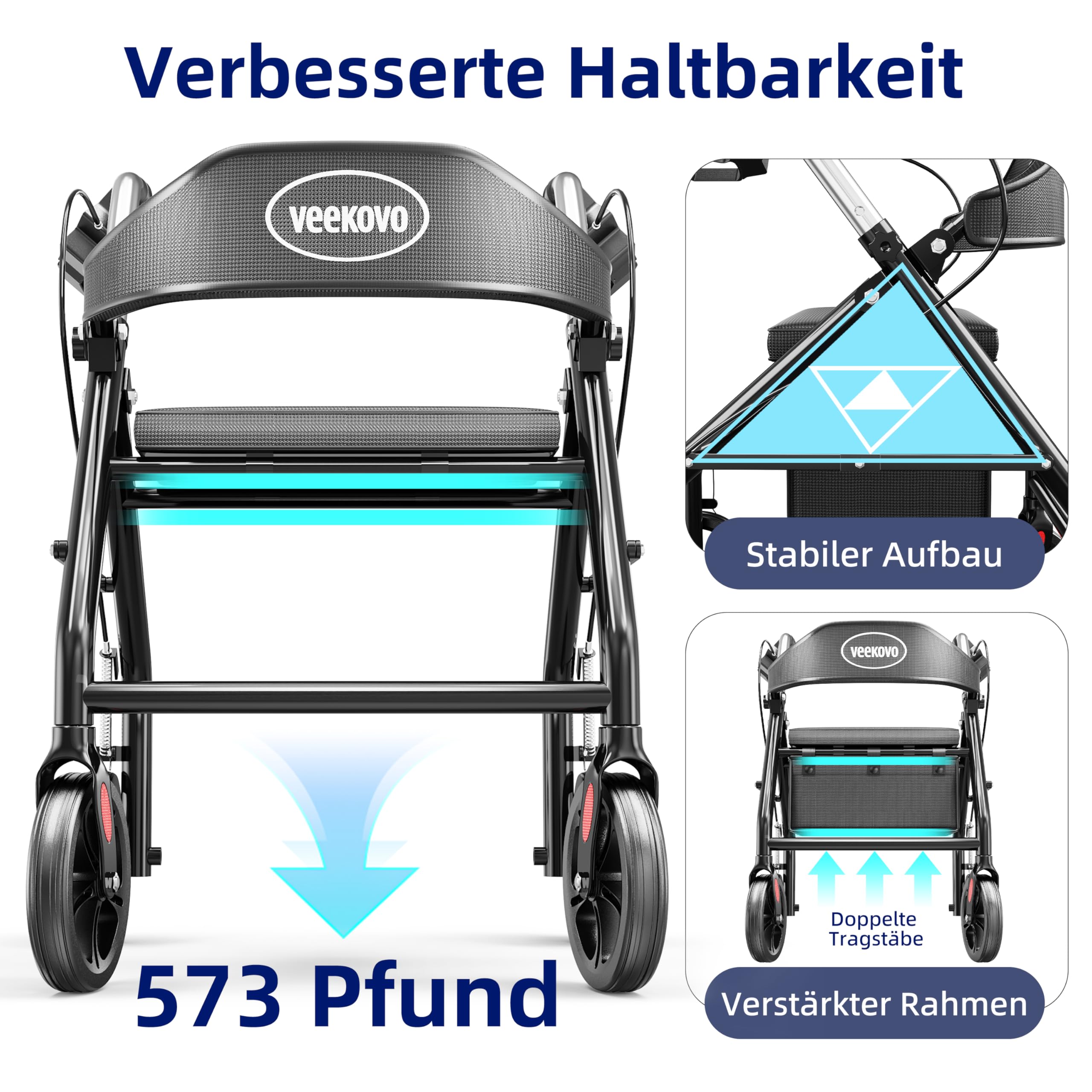 Leichtgewicht Rollator faltbar mit Sitz,schmal für Senioren Wohnung,Höhenverstellbar, Rollatoren für Senioren Klappbar mit 20cm Reifen für All Gelände, Gehhilfe, Laufhilfe (Schwarz)
