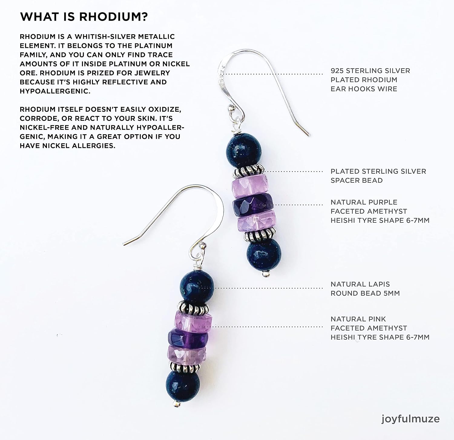Genuine Lapis Lazuli, Natural Amethyst Earrings, Blue Gemstones and Pink Purple Crystals, Handmade Dangle Drop Sterling Silver Jewelry for Women, Gift for Her, February Birthstone, 1 pair