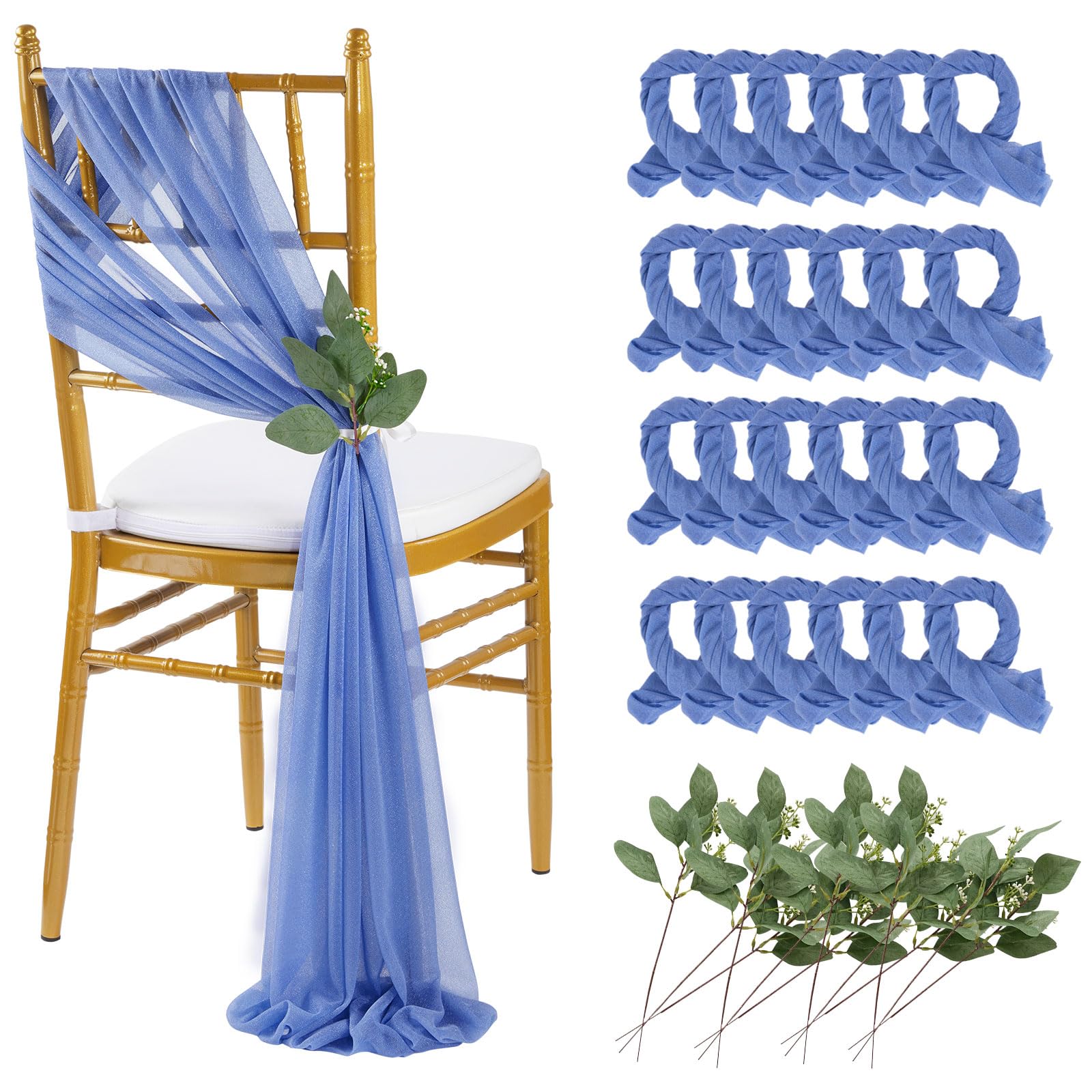 QueenDream Dusty Blue Sashes Wedding Chair Decorations: 24PCS Tulle Chair Cover Bands Aisle Sheer Chair Bows for Indoor Outdoor Ceremony Banquet