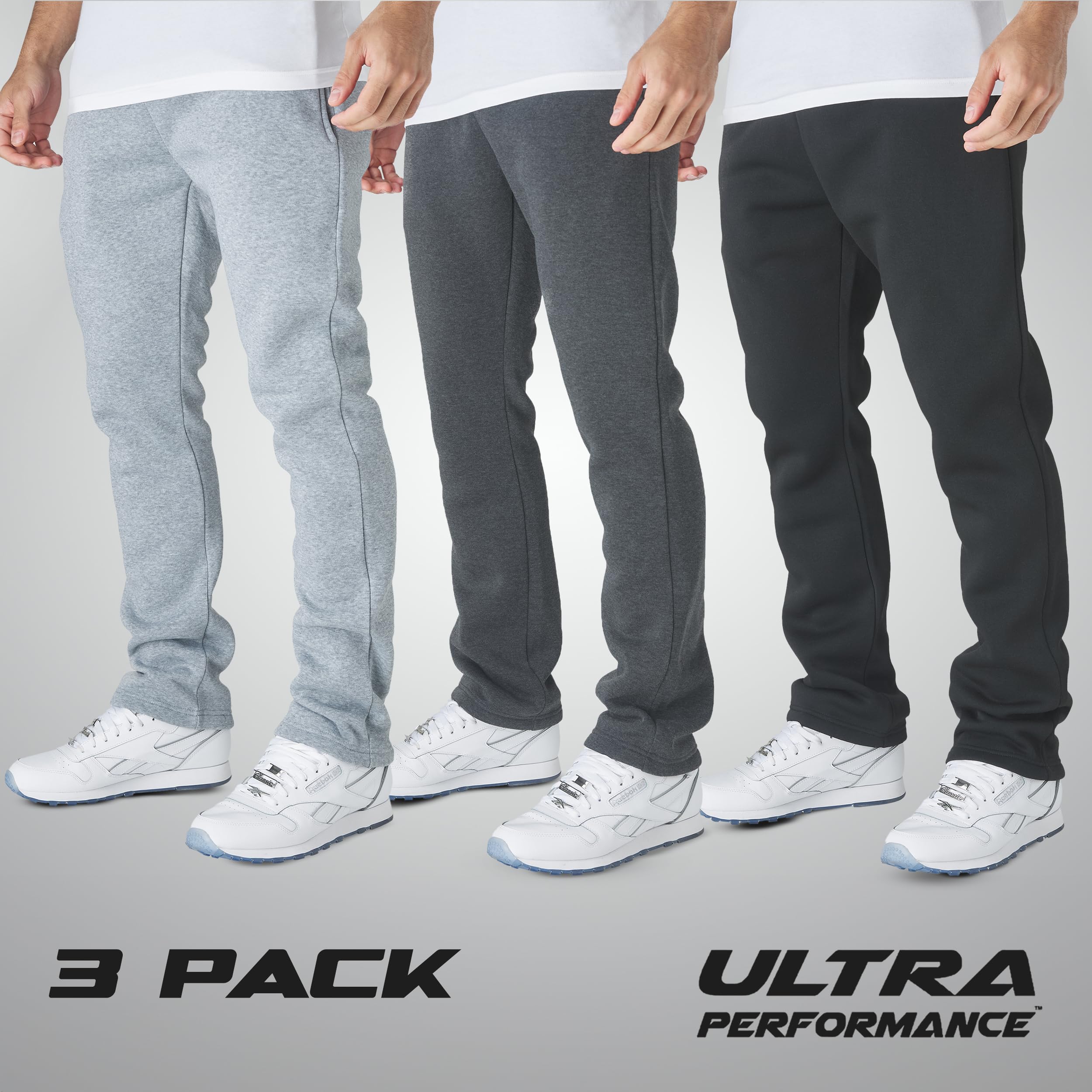 Ultra Performance 3 Pack Mens Fleece Wide Leg Sweatpants with Pockets, Open Bottom Workout Sweatpants for Men