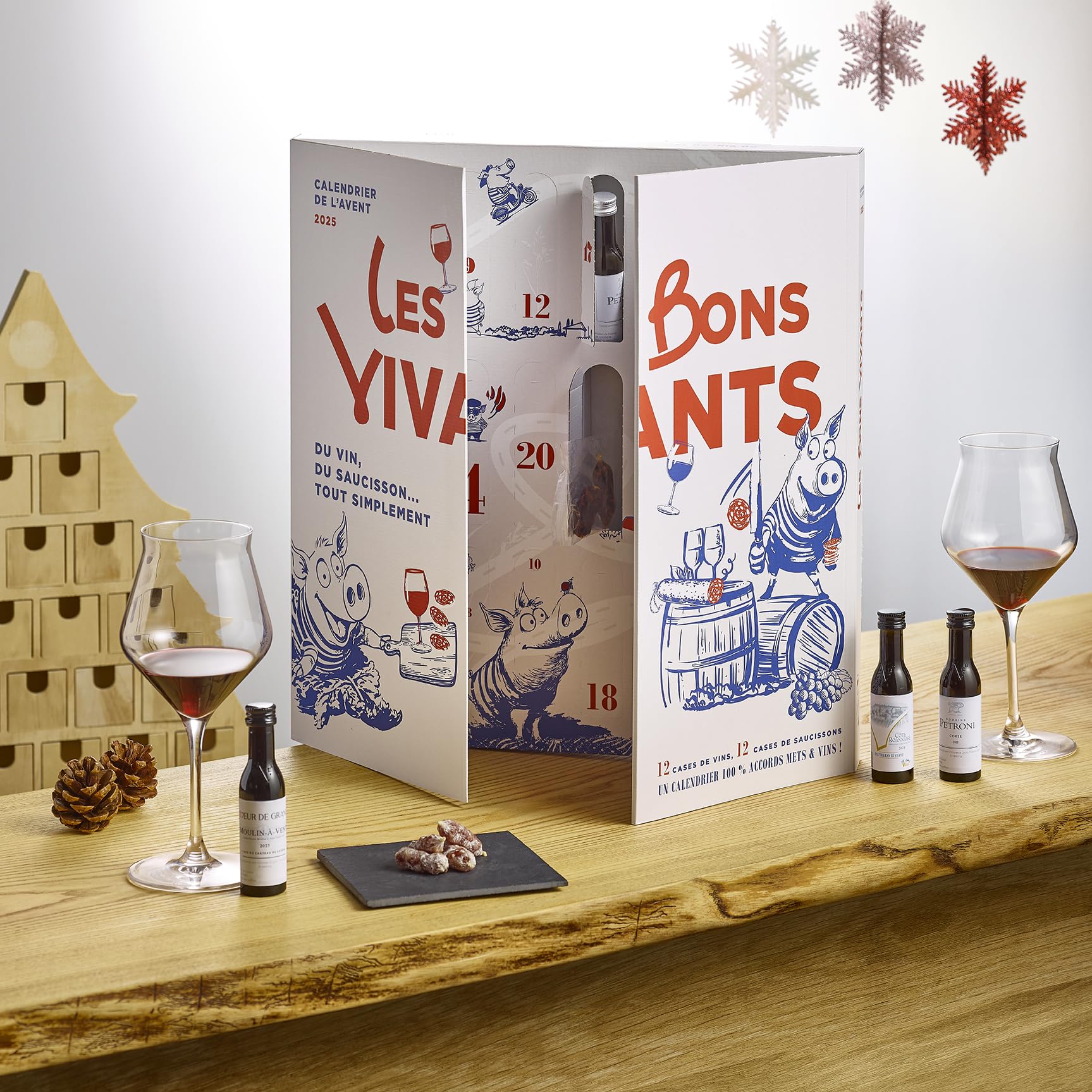 Calendario de Adviento 2025 Vinos & Embutidos, «Les Bons Vivants», 12 botellitas x 40 ml, 24 bocados de salchichón, Cata de Vinos, Idea de Regalo para hombre/mujer