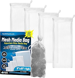 Aquatic Experts High Flow Filter Media Bag - Durable Filter Bags for Fish Tank, Secure Aquarium Media Bag with Drawstring, Media Bags for Aquarium and Pond, High Flow (White), 3” x 8” - 4 Pack