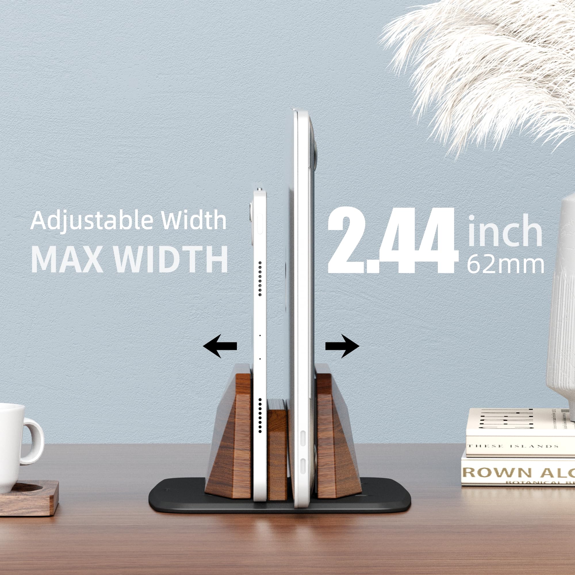AFOOYO Vertikaler Laptop-Ständer – zwei Schlitze, Walnussholz, verstellbarer Laptop-Halter, Desktop-Dock, kompatibel mit allen MacBook, Surface, Chromebook, Dell und mehr (Walnuss)