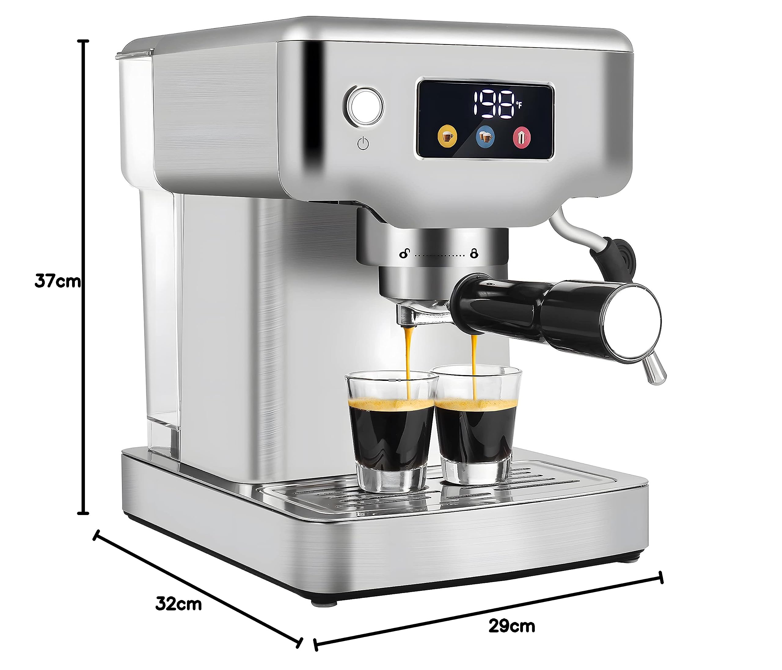 Homtone Macchina da caffè Espresso e Cappuccino, Macchina da Caffè con funziona getti vapore, Capacità 1,8 l, Pressione 20 bar, 1350 W, Acciaio Inox, Touchscreen
