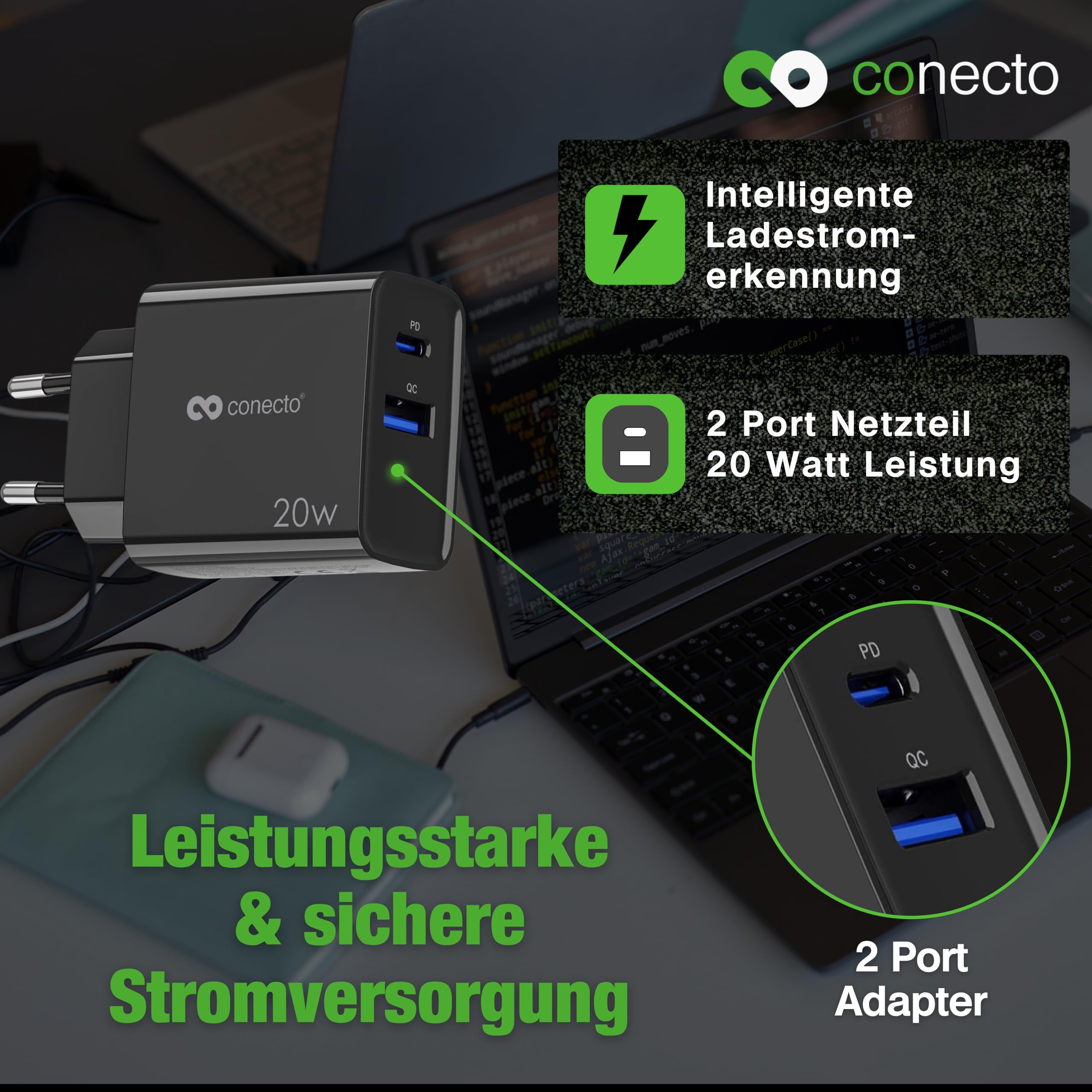 conecto Ładowarka USB C, 2-portowy adapter, zasilacz sieciowy 20 W, szybka ładowarka kompatybilna z Apple iPhone 15, Samsung, tabletem, laptopem UVM, ładowarką PD QC, czarna