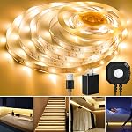 Dual Motion Sensor Light Indoor Under Bed Lights, 16.4Ft Motion Activated LED Strip Lights for Bedside, 12V Warm White Under Cabinet Lights Two Motion Sensors LED Strip for Stair Closet Hallway