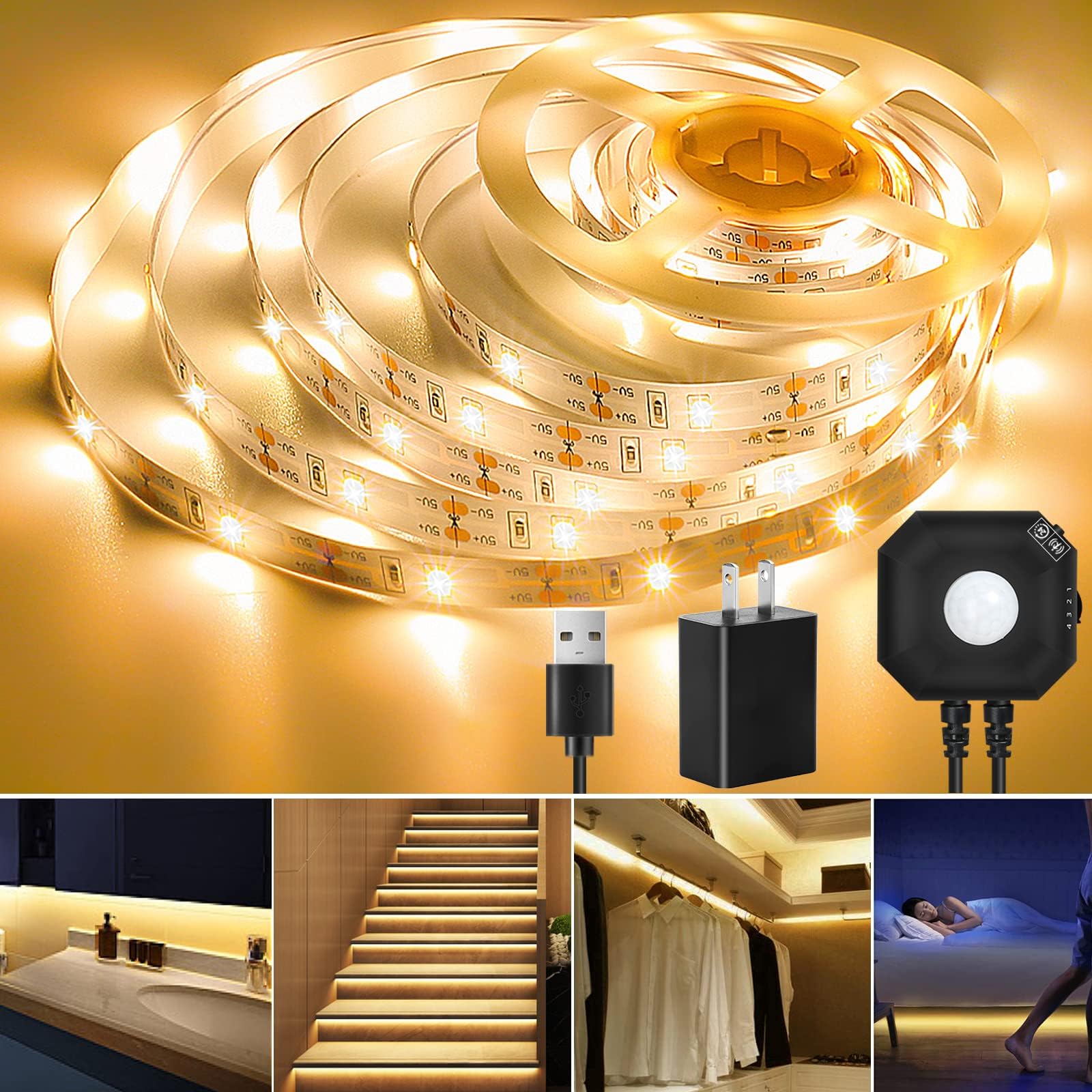 HOUHUI 9.84ft Motion Activated LED Strip Lights, Warm White, Non-Waterproof, ...