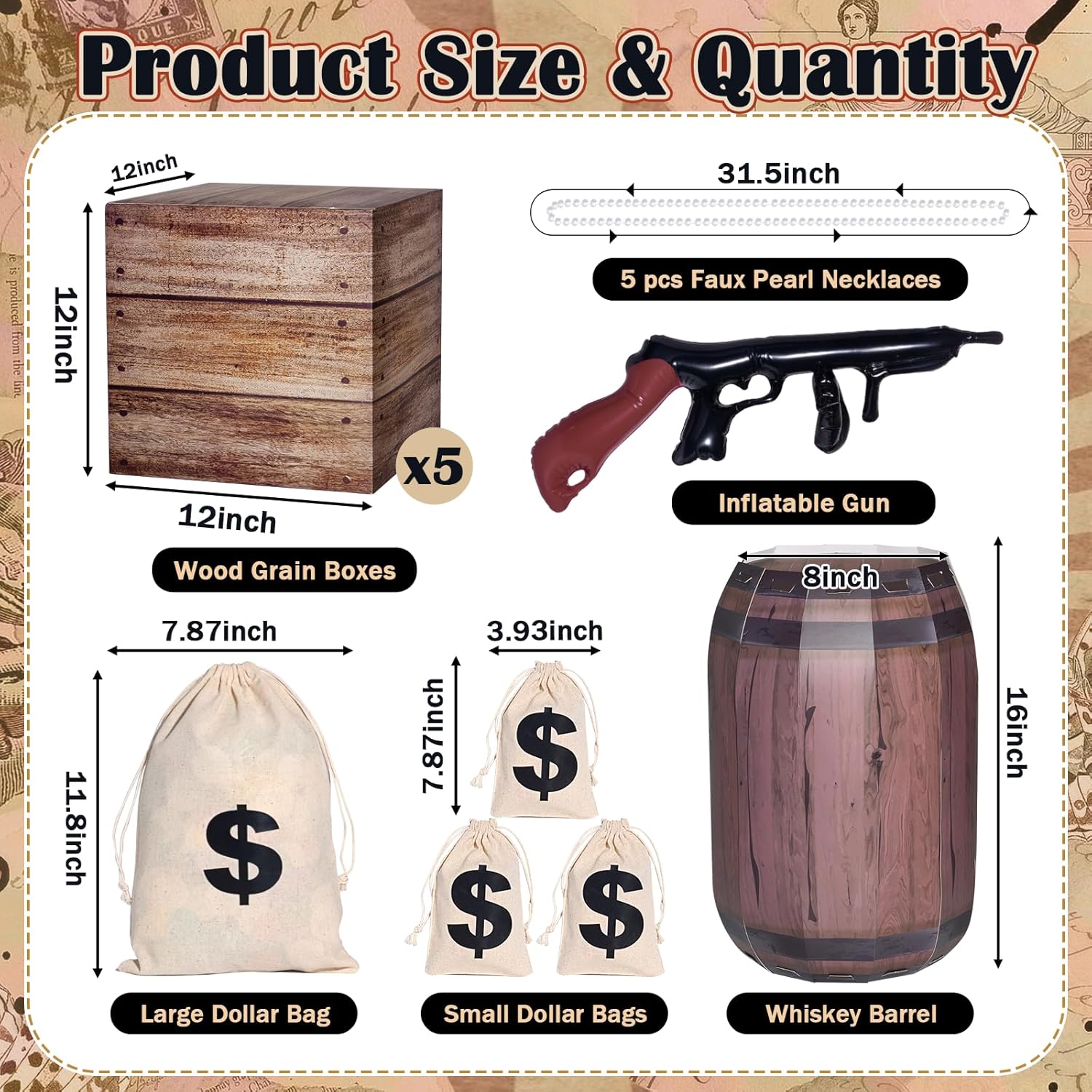 26PCS Roaring 20s Party Decorations, 1920s Speakeasy Decor with Vintage Backdrop Wooden Grain Boxes Whiskey Cardboards Dollar Sacks Prop Gun & Pearl Necklace for Retro Mafia Jazz Twenties 1920 Party