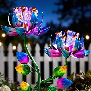 XPSCOCO Solar Kinetic Wind Spinner: 2-in-1 Double Lotus Flower with Glowing Fiber Optic Lights - Outdoor Garden Yard Art for Patio Lawn