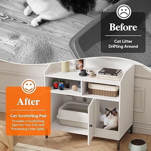 Miniatura 5 de Lifewit Caja de arena, muebles ocultos, baño de madera para gatos con almohadilla para rascar, doble puerta, estante de almacenamiento abierto