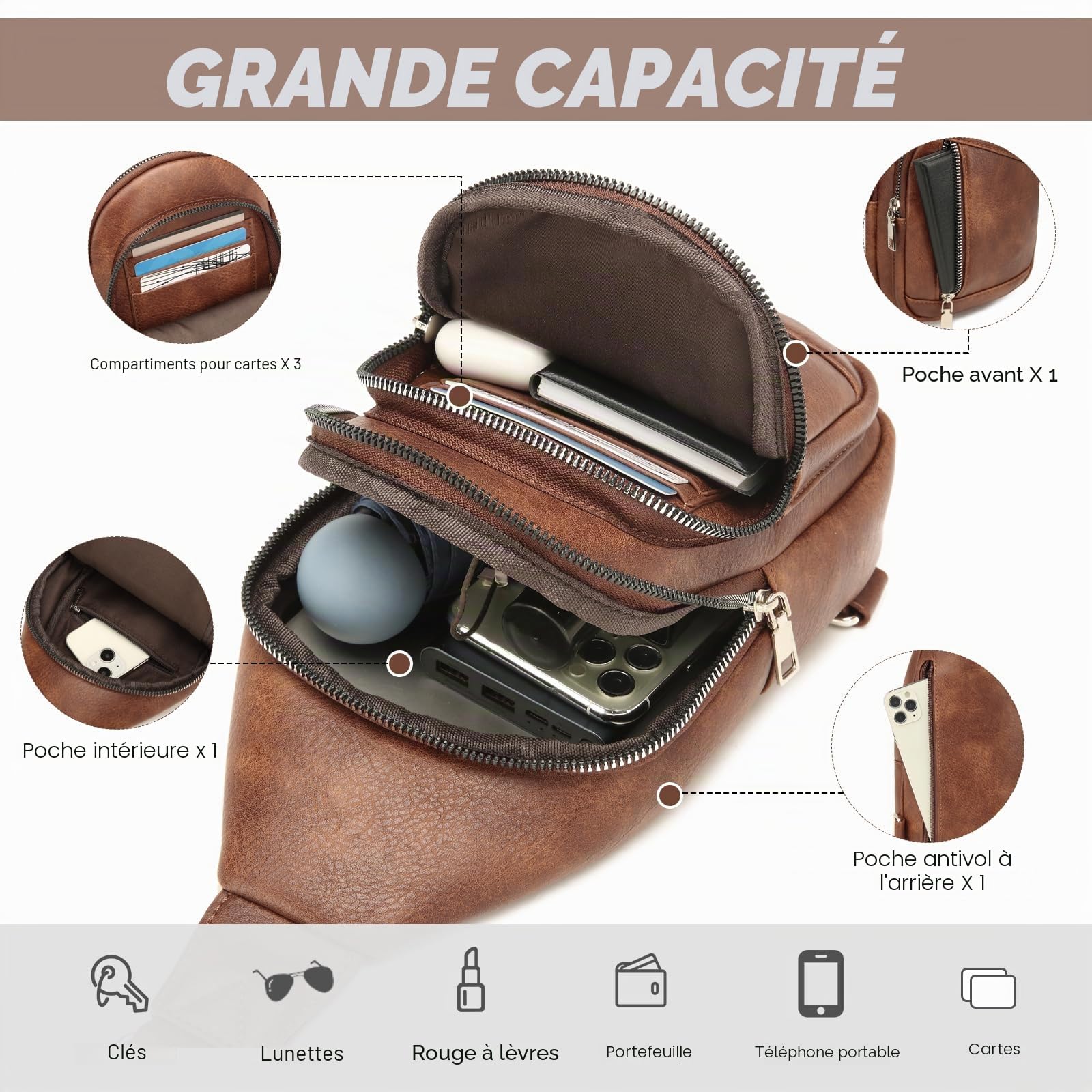 Travistar 2 en 1 Sac de Poitrine Femme Sac à Dos Pochette Banane Sacs Bandoulière Femme PU Cuir avec 2 Sangles Amovibles et Réglable, Petit Sacoche de Sport a Main