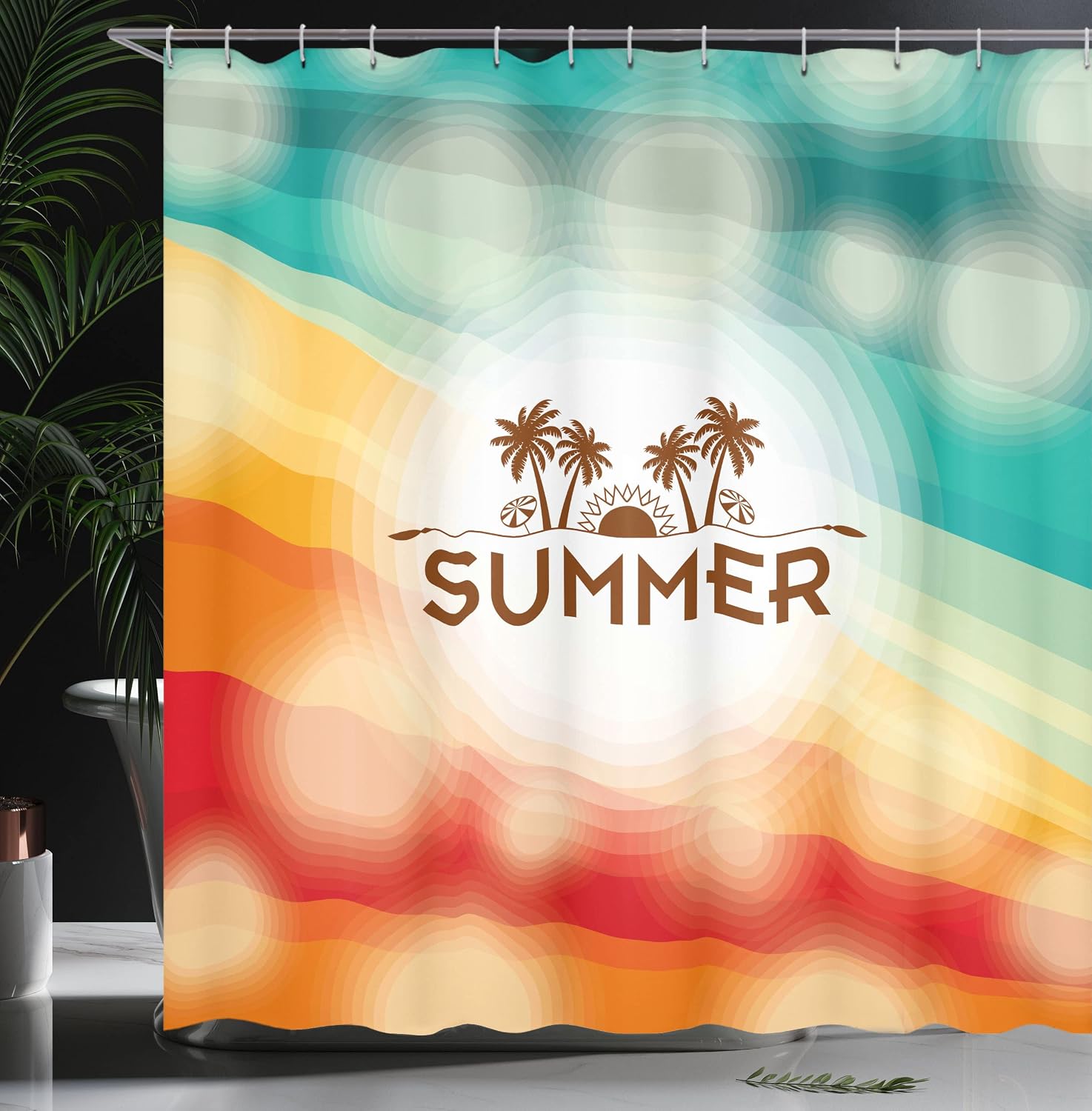Ambesonne Summer Shower Curtain, Tropical Holiday Background with Palm Tree and Sun Exotic Vacation, Cloth Fabric Bathroom Decor Set with Hooks, 69" W x 70" L, Scarlet Orange