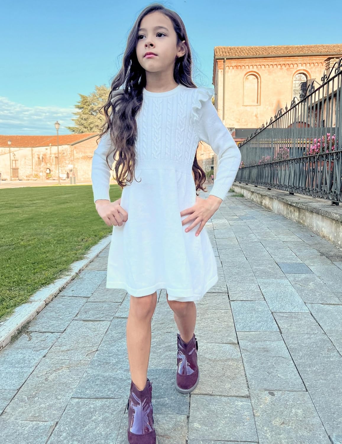 Arshiner Girls Sweater Dress Fall Winter Lantern Long Sleeve Cable Knit Pullover Midi Dresses - Image 6