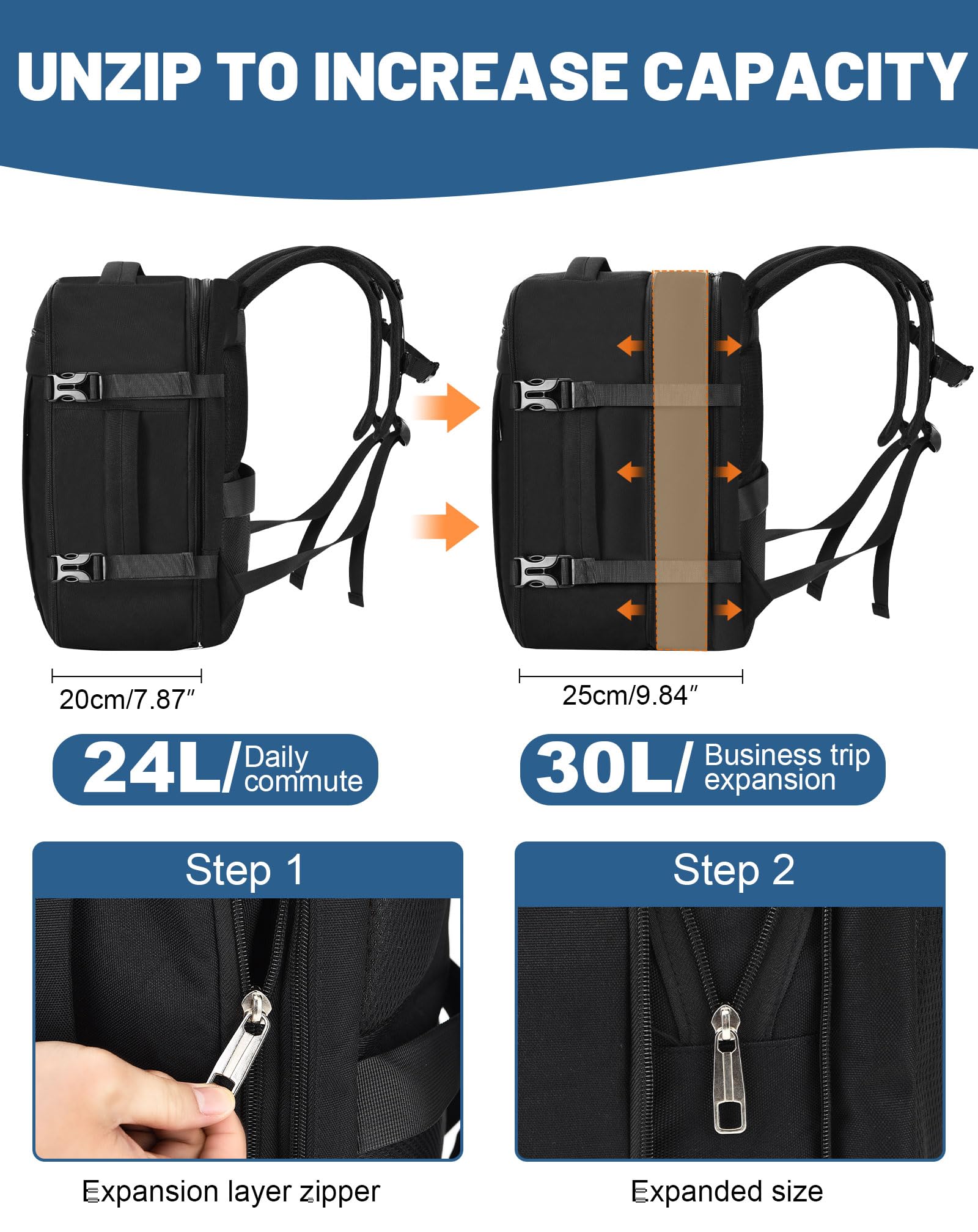 Zaino Ryanair 40x30x20,Zaino da Viaggio Espandibile 24-30L,Bagaglio a Mano per Wizz Air e Vueling,Zaino Cabina per Donna e Uomo, Adatto a Laptop da 15,6”per Ufficio,Scuola e Uso Quotidiano