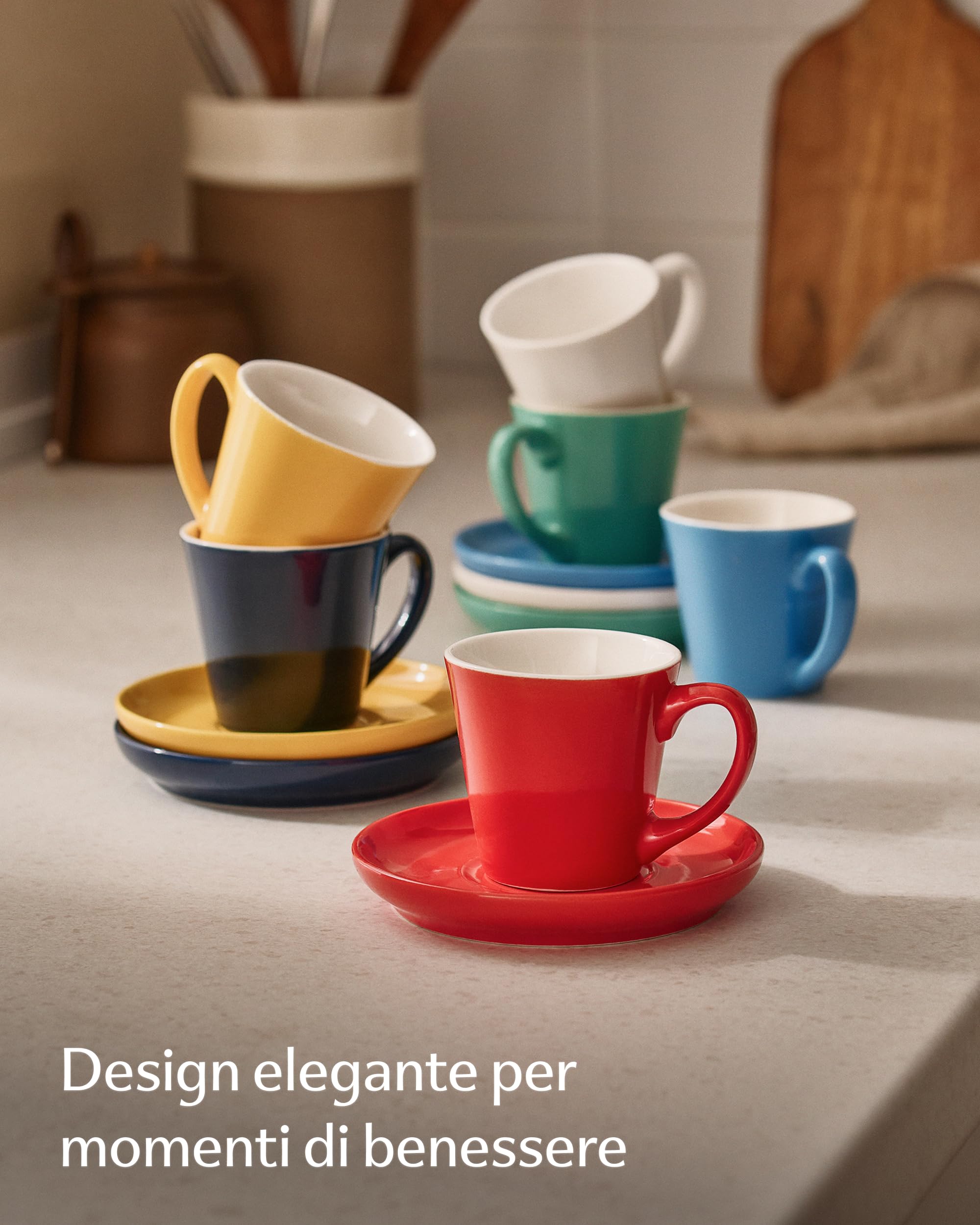 Set di 6 Tazzine Caffè Colorate in Ceramica 70ml Lavabili in Lavastoviglie con Scatola Regalo