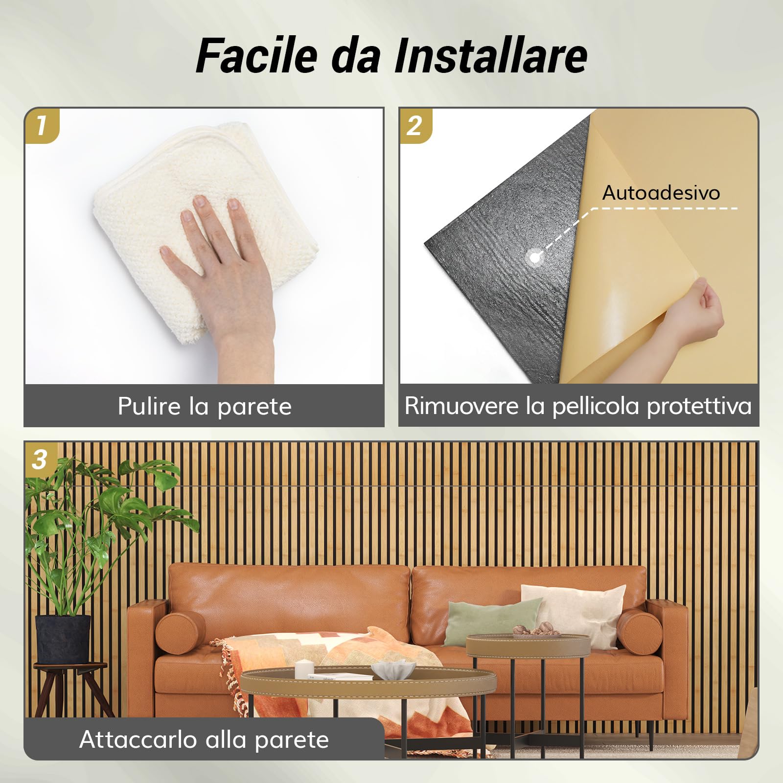 TONOR Set di 4 Pannelli Fonoassorbenti in Bambù Per Pareti, 110 x 52 x 1,7 cm Pannelli Acustici a Doghe Con Adesivo Completo, Pannello Insonorizzante per Parete Tv, Arredamento D'Interni, Casa, Porte