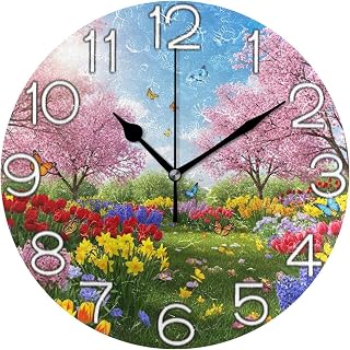 GAIGEO Vibrant Multicolor Flowers Spring Analog Wall Clock Decorative Kitchen Clock Rustic Battery Operated Silent, Boho Wall Art Home Decor, 9.84inch, Gold Hands