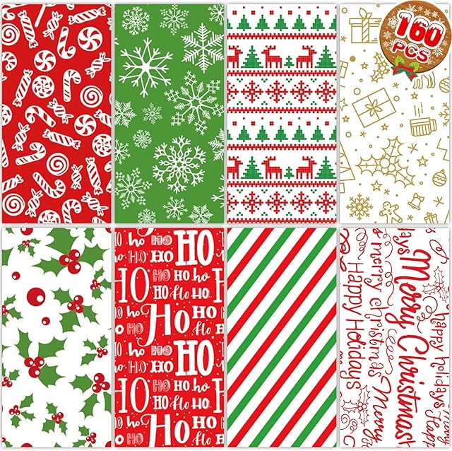 Funnlot Christmas Tissue Papers 160 Sheets Christmas Tissue Paper Sheets for Wrapping Tissue Paper Sheets Xmas Tissue Paper for Gift Bags Wrapping 50 X 35 Cm Xmas Tissue Paper 8 Assorted Designs