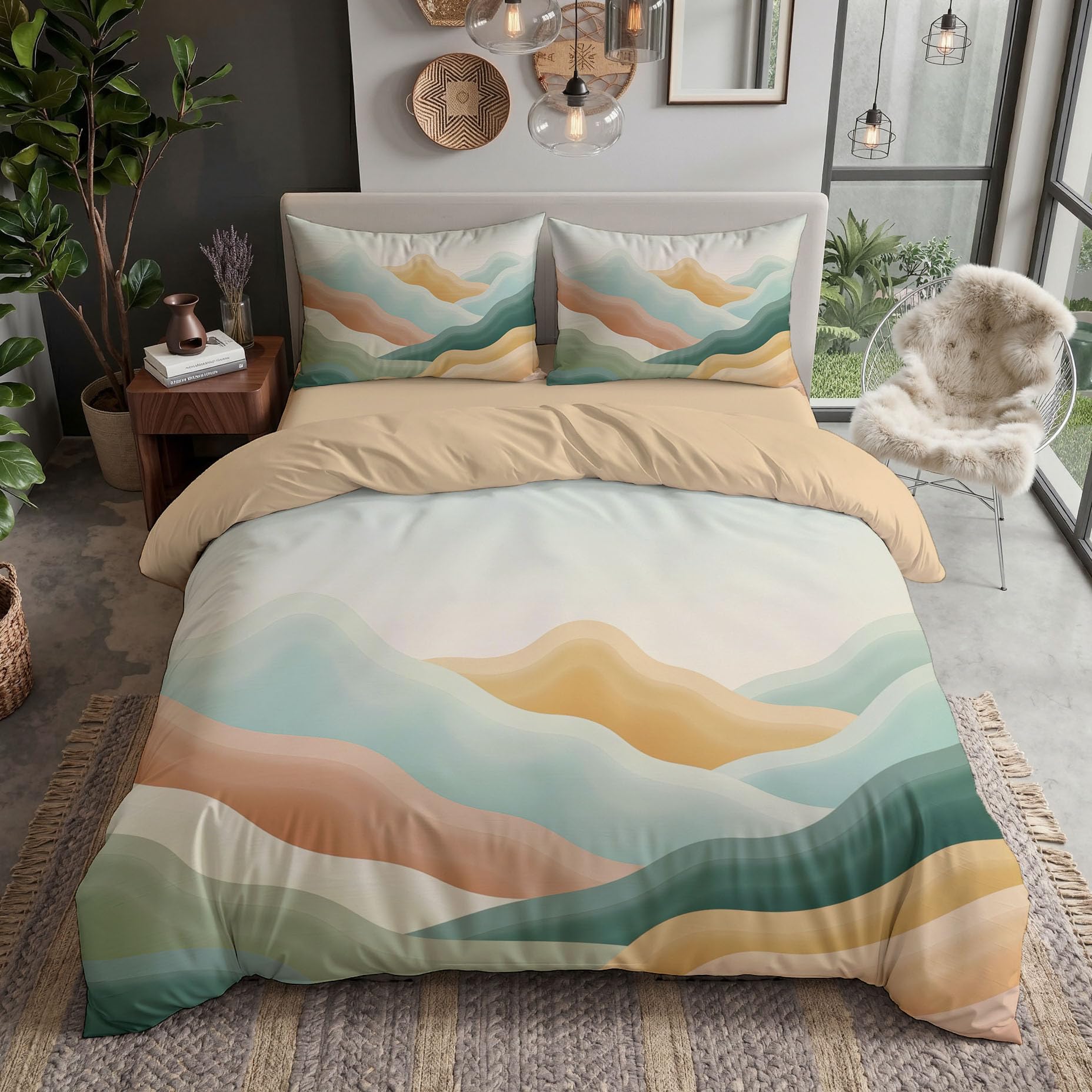 Bettwäsche 155x220cm 3 teilig Minimalismus Abstrakt Grün-Orange | Bettbezug Set mit Geschichtetes Gebirge Muster, Bettwäsche-Sets 155x220cm aus Mikrofaser, Weich und Bügelfrei