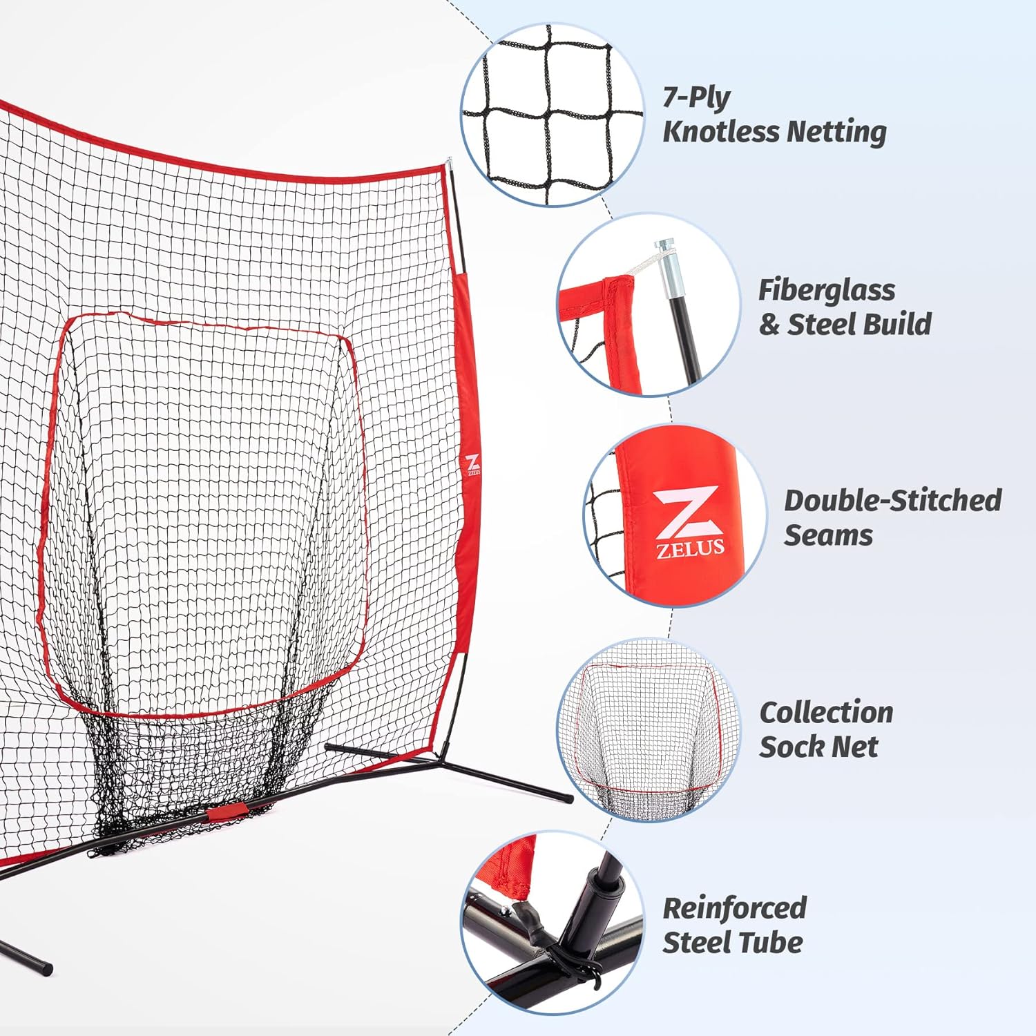 ZELUS Baseball Net Kit with Baseball Tee and Sock Net, 7x7ft Softball Baseball Training Equipment for Hitting & Batting Practice, Portable Indoor Outdoor Pitching Net with Carry Bag 12 Baseballs, Red : Sports & Outdoors