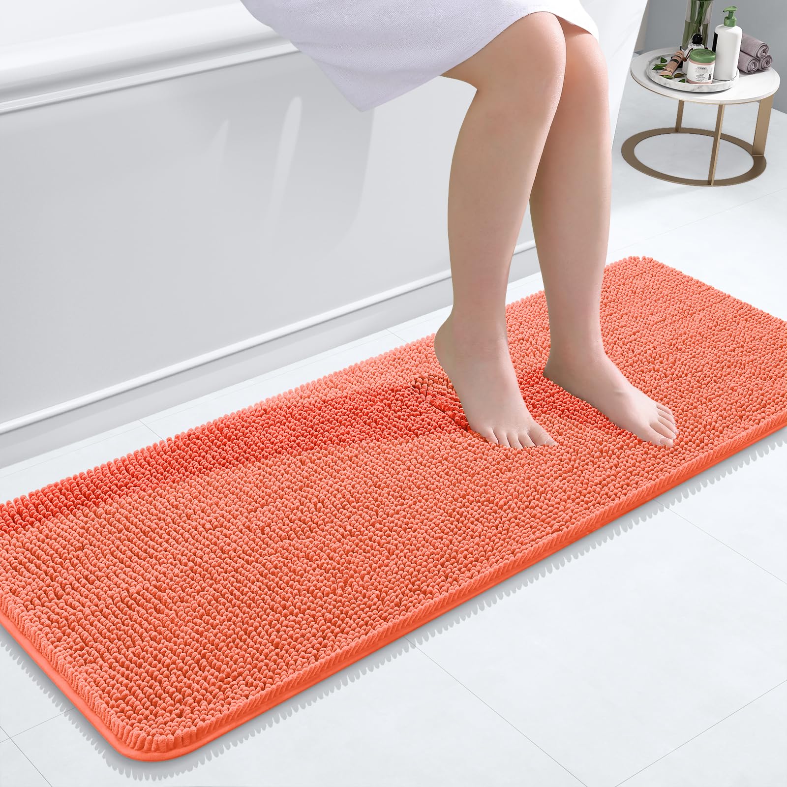 OLANLY Bathroom Runner Rugs 47x17, Extra Soft Absorbent Chenille Bath Rugs | Coral, Quick-Drying Rubber Backing, Machine Washable Long Bath Mat for Bathroom Floor, Tub and Shower, Home Decor Accessories