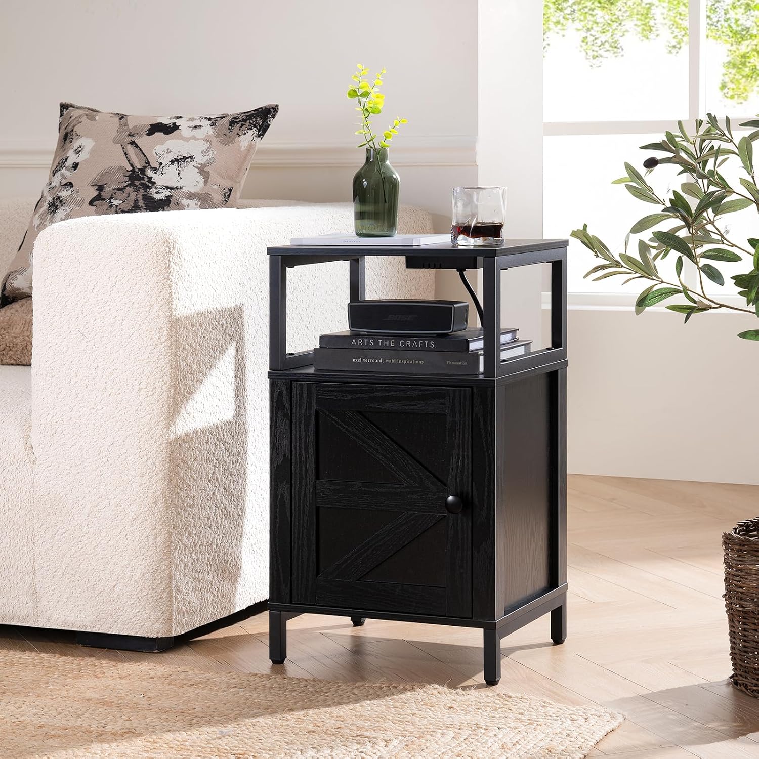 Yoobure Farmhouse Nightstand with Charging Station, Night Stand Barn Door image 2