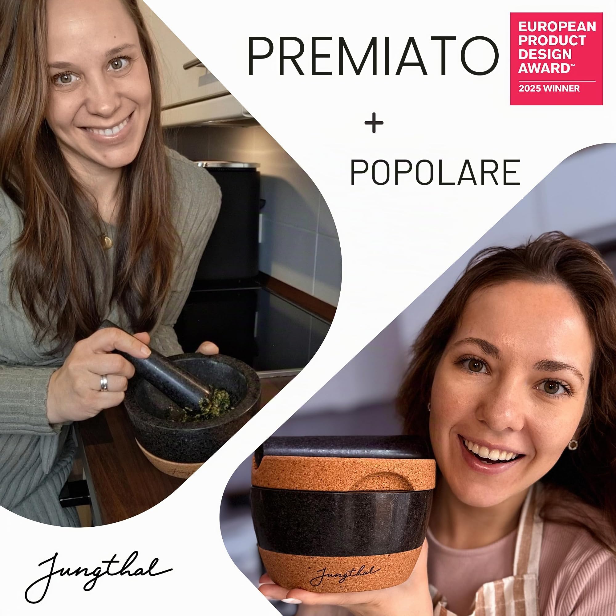 Mortaio con pestello in set | granito + sughero in design premiato | naturale, nobile e 100% antiscivolo | Ø 16 cm | mortaio di pietra per erbe e spezie | Mortar & Pestle