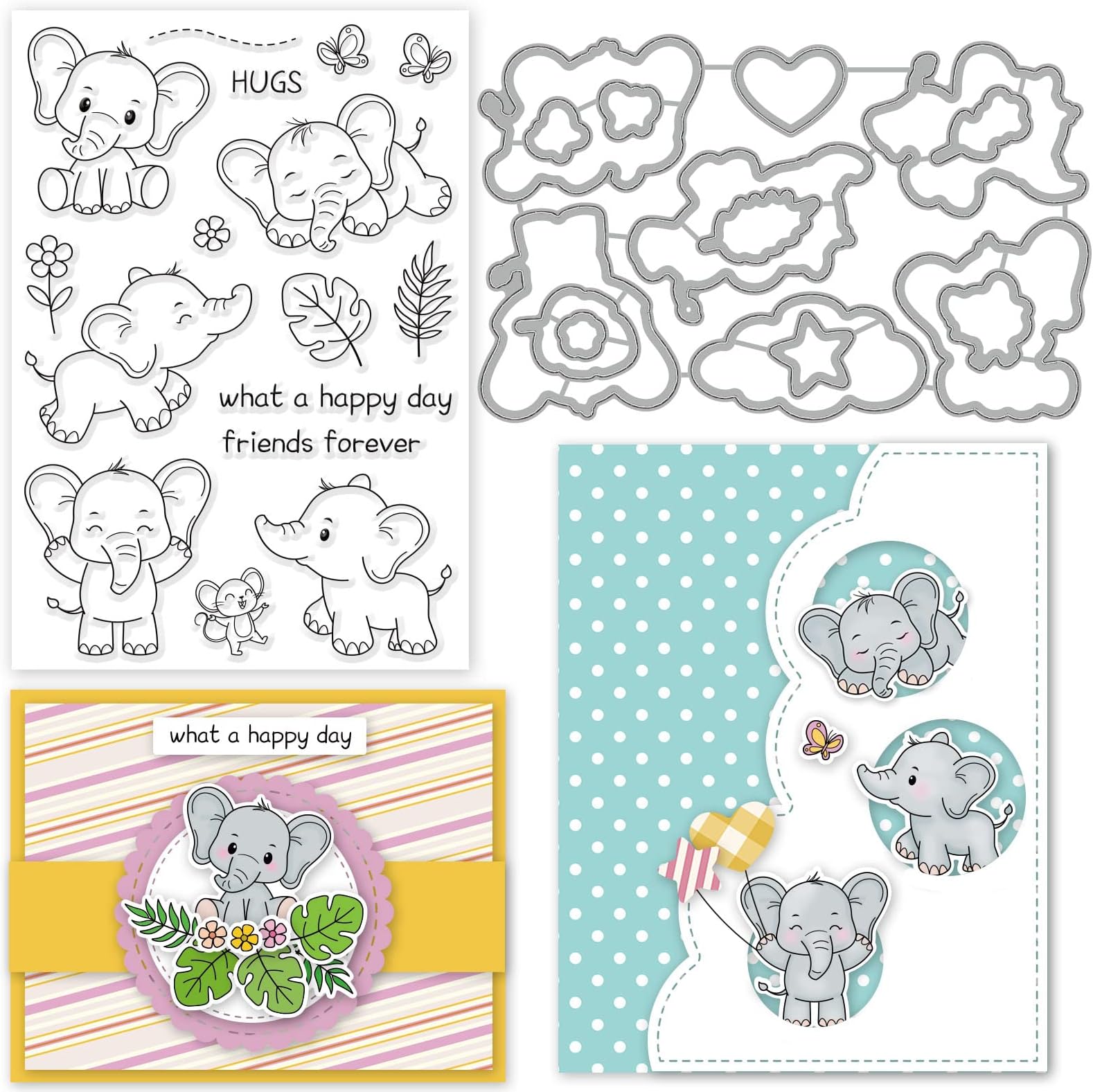 INFUNLY Cute Elephant Clear Stamps and Dies for Card Making DIY Metal Die Cuts Animal Silicone Stamp Christmas Thanksgiving Gifts for DIY Craft Scrapbooking Decor