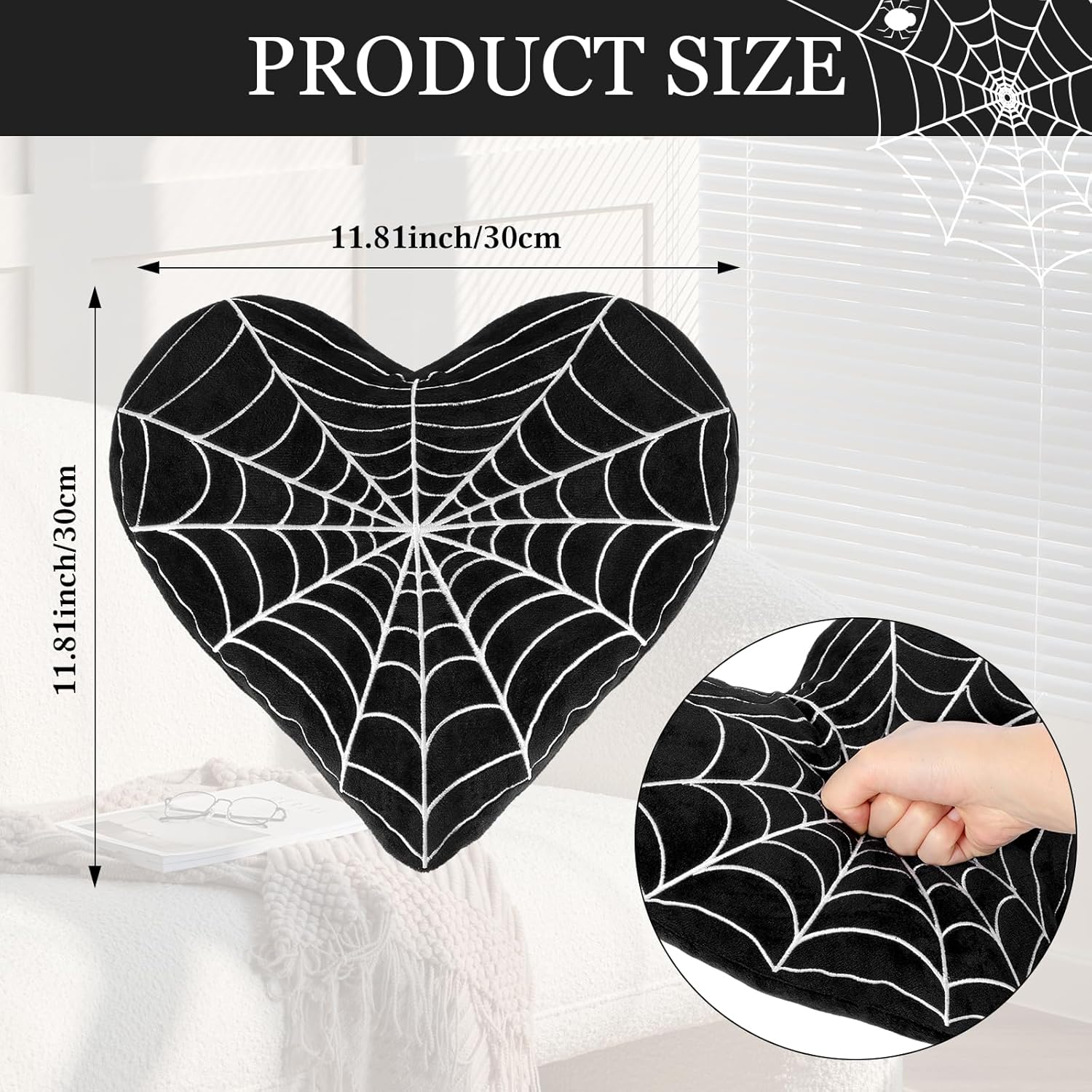 Beeveer 2 Pcs Valentine Gothic Heart Shaped Plush Pillows Gothic Black Spider Web Decor Soft Throw Pillows Valentines Day Pillow Room Decorative for Bedroom Living Room Couch Chair Sofa