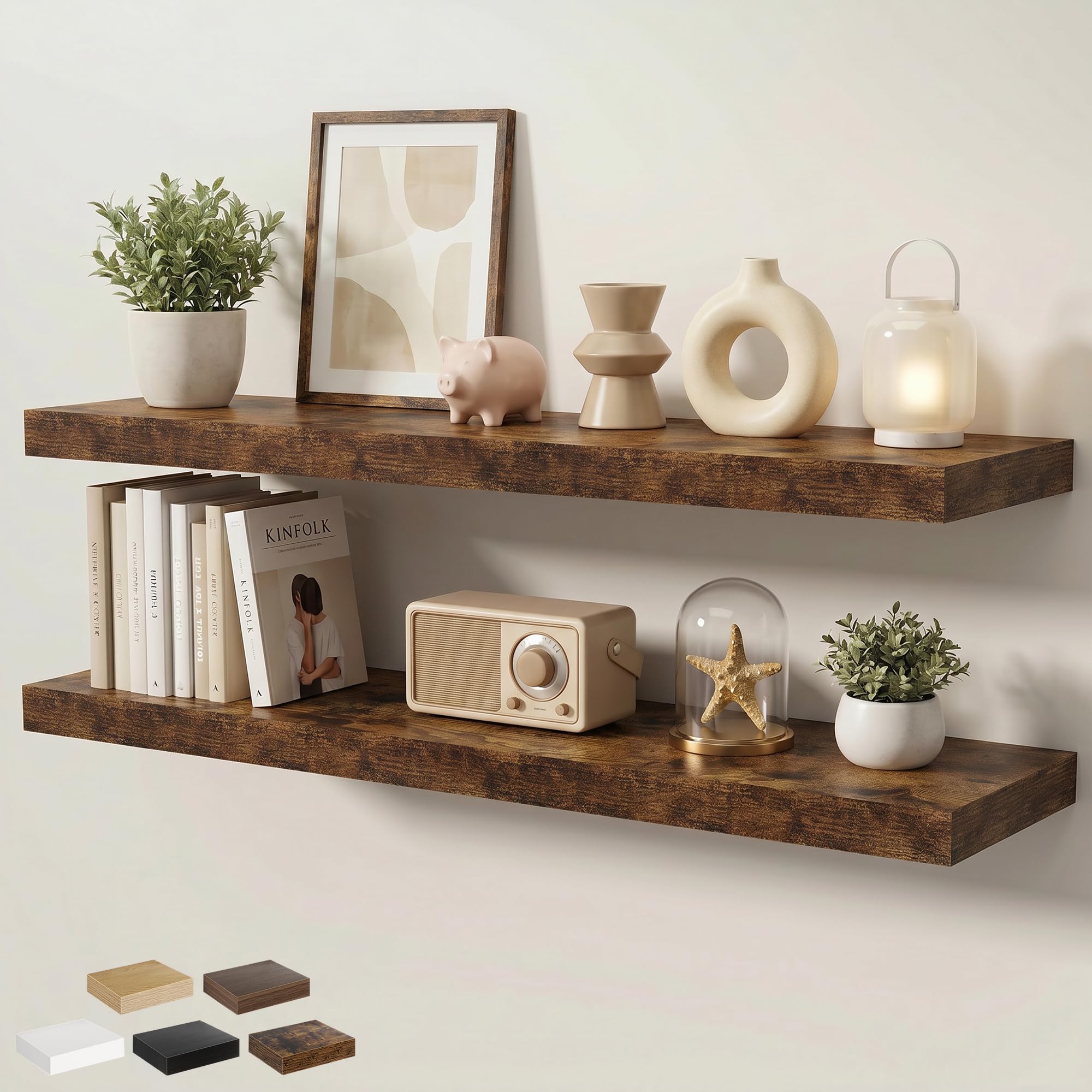 KovaScape 120cm Floating Shelves for Wall, 23.5cm Deep Wall Mounted Shelf with Invisible Brackets, Engineered Wood Rustic Shelf for Living Room Bathroom Bedroom Kitchen Storage, Rustic Brown, Set of 2