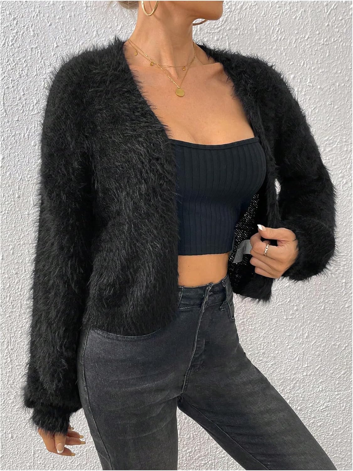 Verdusa Women's Fuzzy Crop Cardigan Long Sleeve Open Front Sweater Shrug Cardigans - Image 3