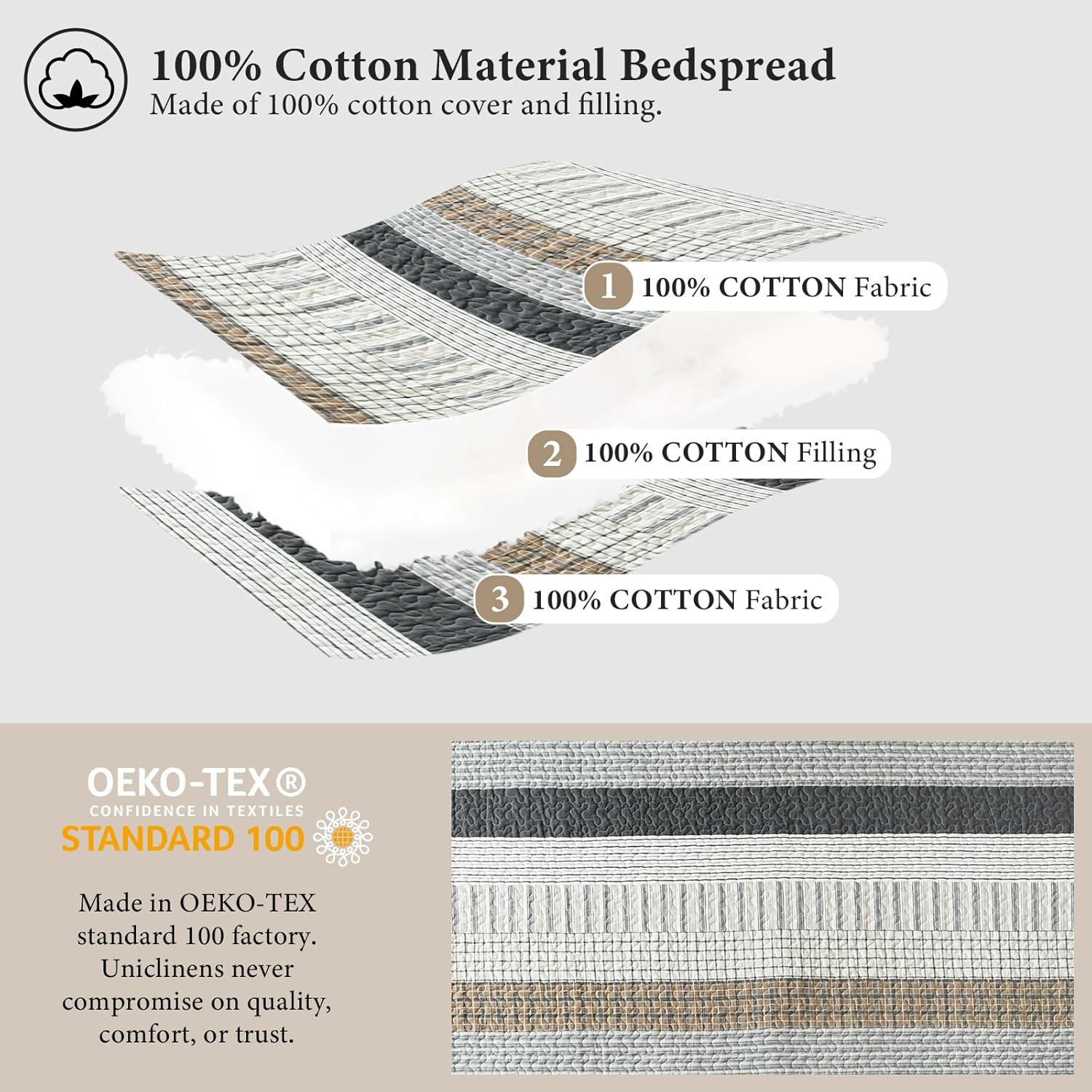 Uniclinens 100% Cotton Quilt Set King Size, King Quilt Bedding Set Bedspreads, Farmhouse Striped Coverlet, Lightweight Comforter Quilt, 3 Pieces Set with 2 Pillowshams, White/Brown/Gray