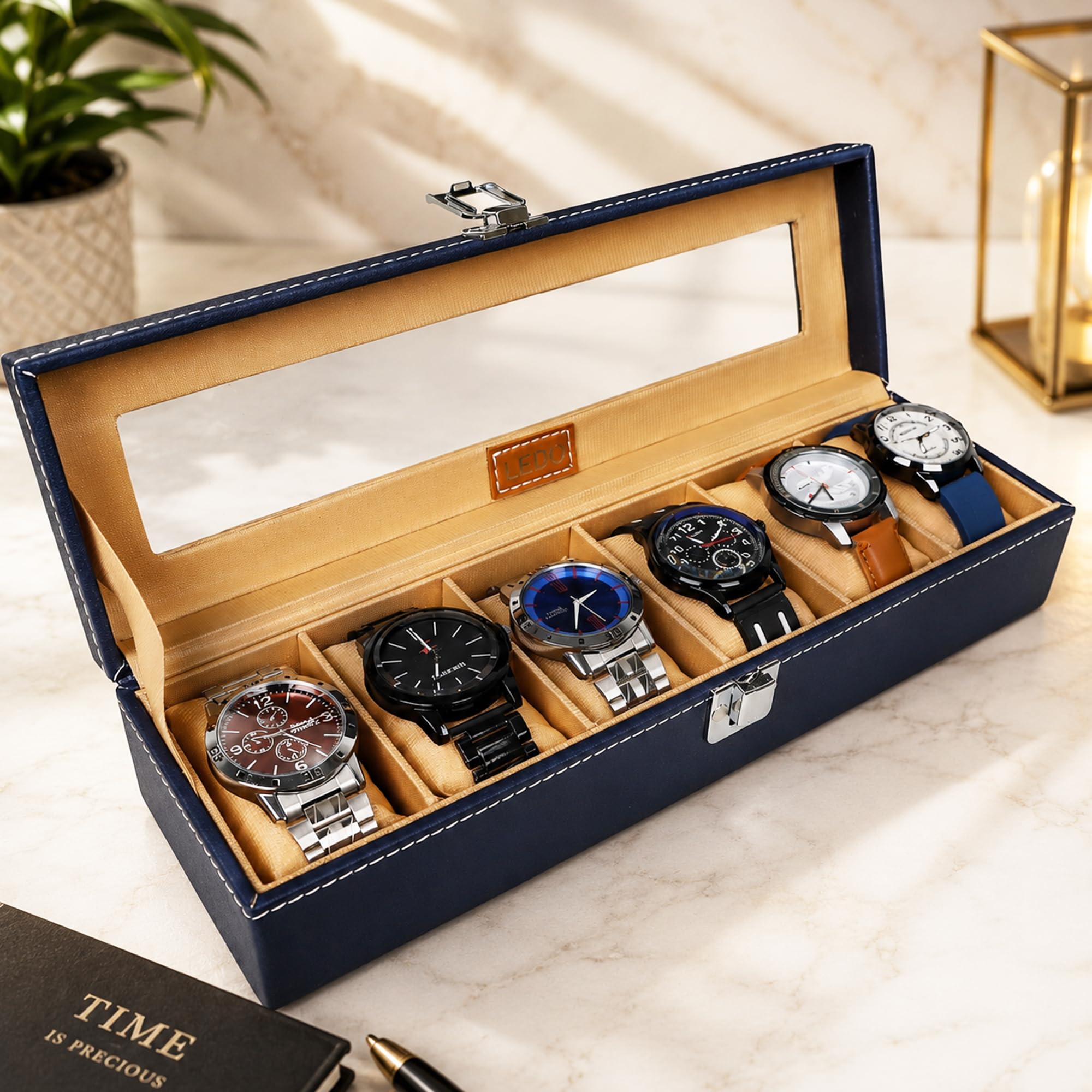 LEDO Watch Box Organizer Case with 6 Slots, Transparent Display, PU Leather Exterior, Blue & Cream Velvet Interior, Metal Clasp Lock, Rectangular Storage Case for Men