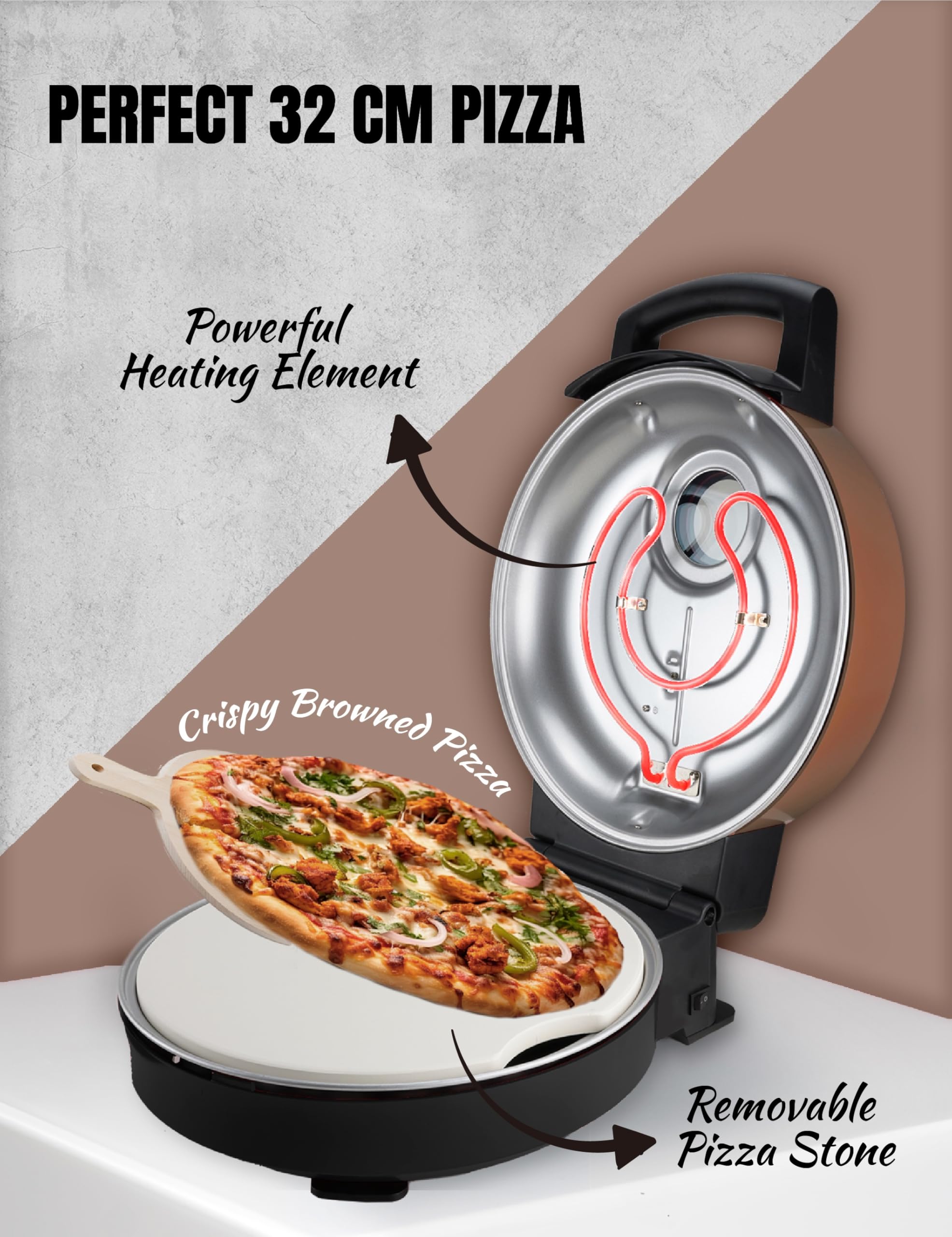 Bestron Horno de pizza, para pizzas crujientes en 5-10 minutos, horno de pizza eléctrico con una temperatura de 320 °C, incluyendo piedra refractaria y 2 grandes espátulas de madera, color: Cobre