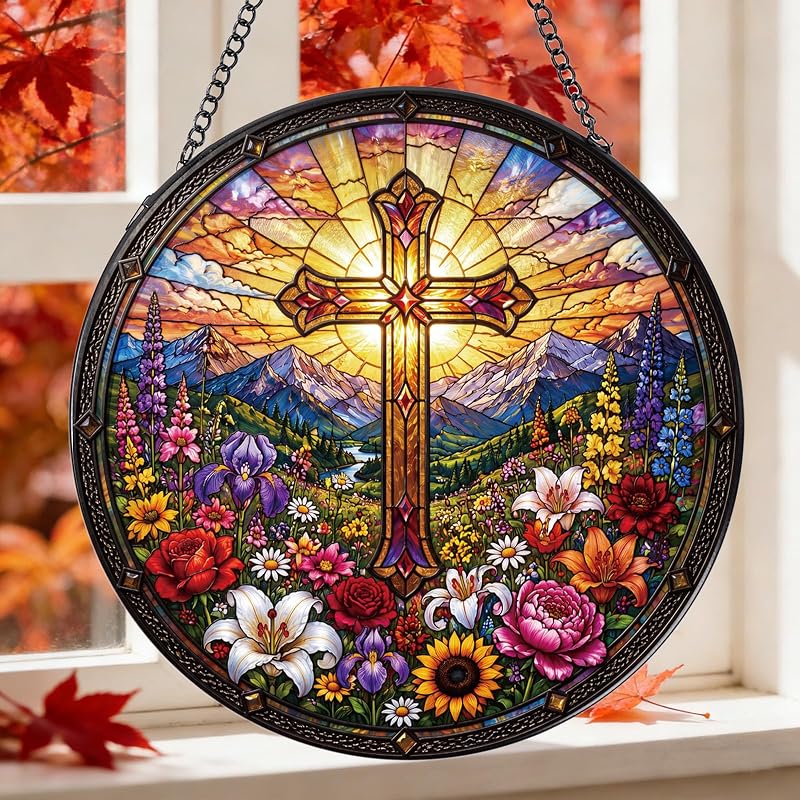 Suncatcher Decorativo de Vidro com Cruz Floral Cristã Rngmsi, 19,8 cm