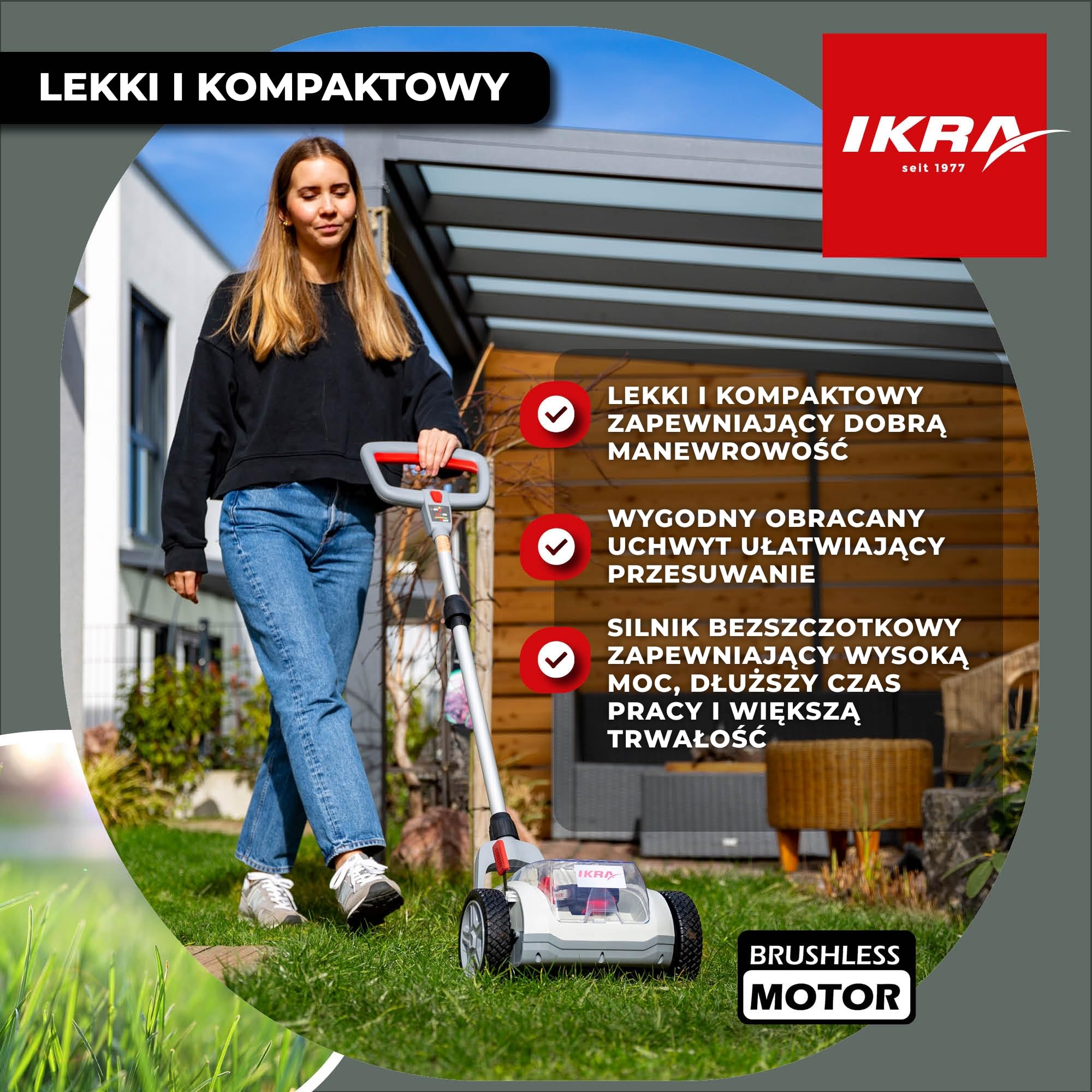 IKRA Kosiarka jednoręczna ICHM 20, akumulator 20 V, ładowarka | Z funkcją mulczowania, do małych trawników do 50m², szer. koszenia 21 cm, wys. 25–48 mm, system akumulatorowy IKRA 20V