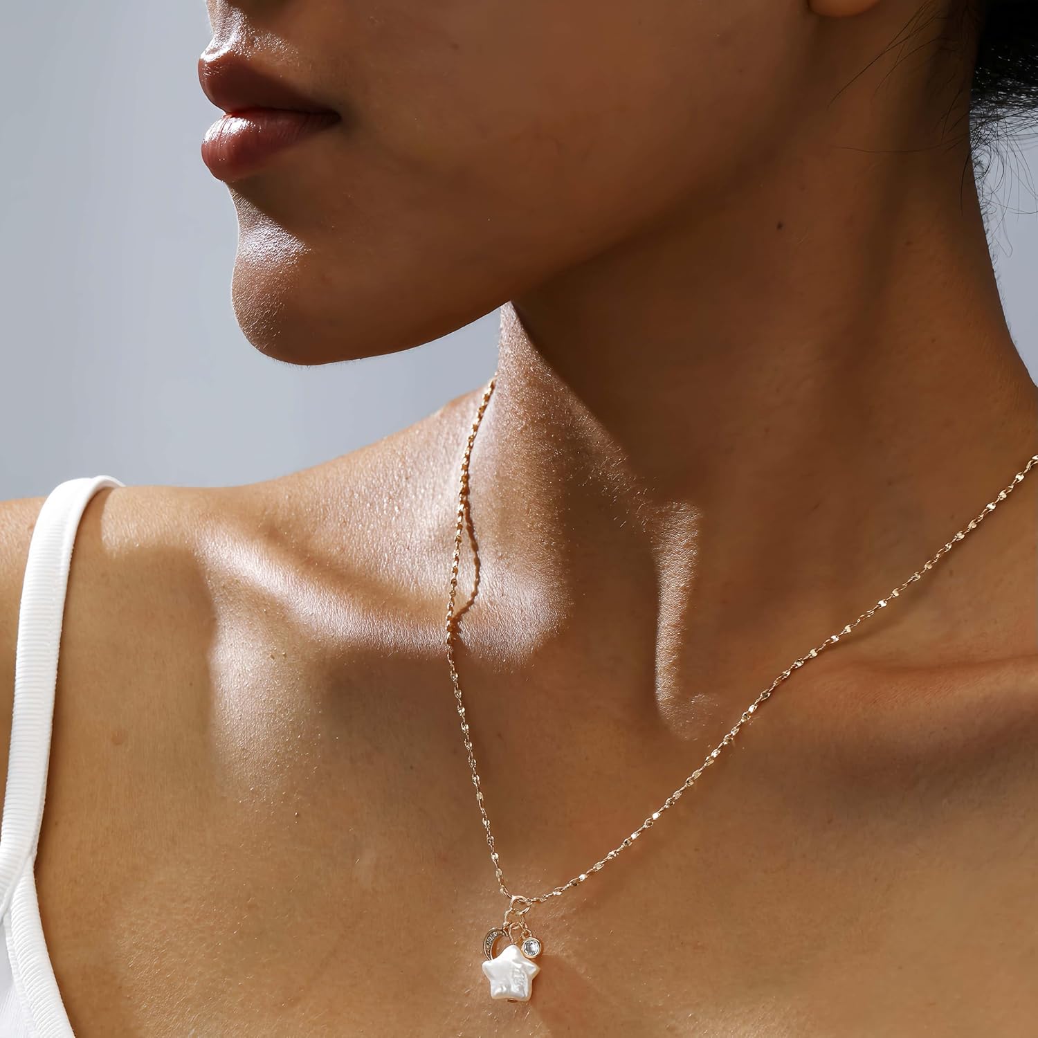 Plated Celestial Pearl Star Women Necklace, Moon & Diamond Accent Charm Pendant, Elegant Celestial - Inspired Jewelry - Image 2