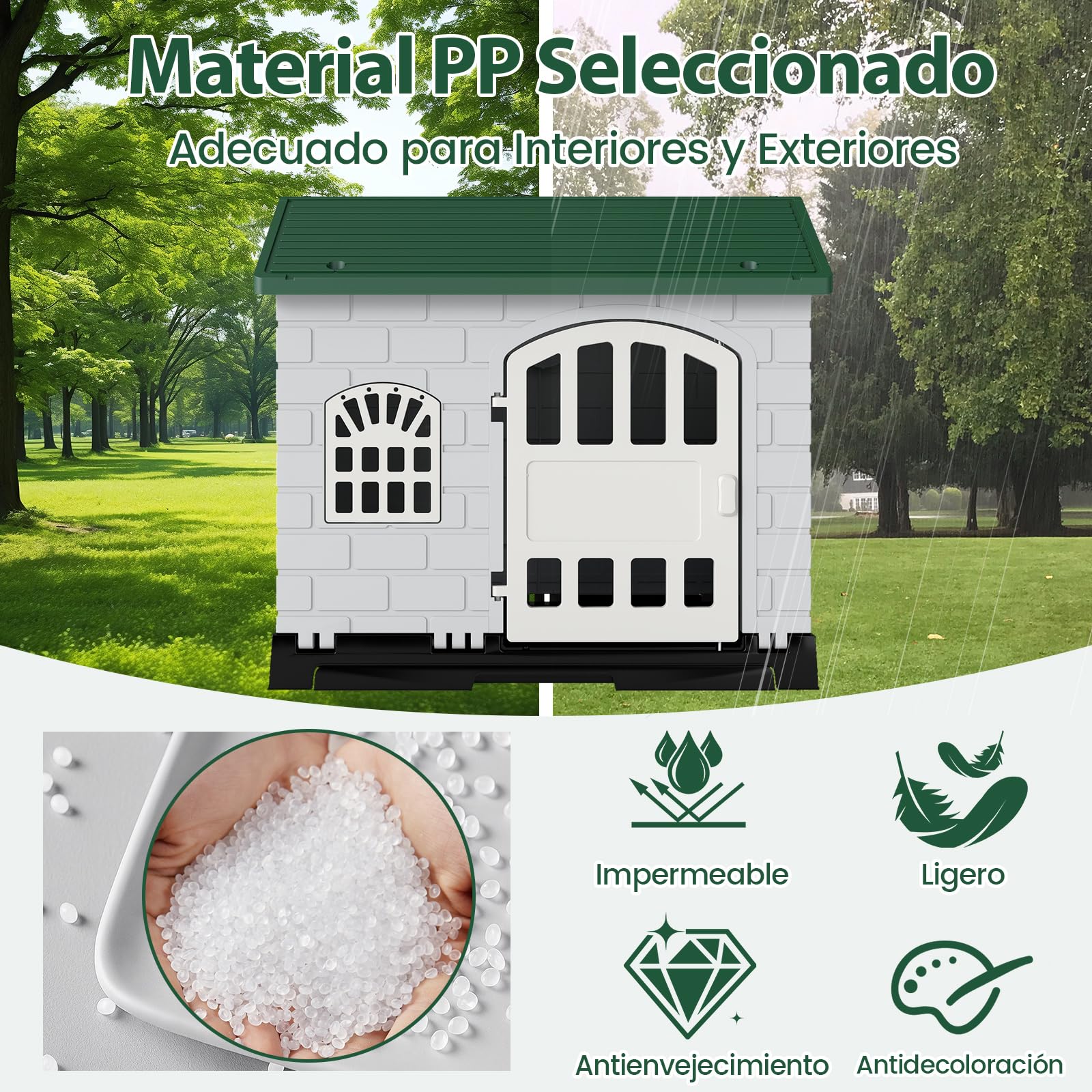 Casa para Perros Plegable de Plástico, Refugio para Mascotas Resistente a la Intemperie con Bandeja de Inodoro, Puerta con Cerradura, Techo Inclinado, Jaula de Interior Exterior para Gatos