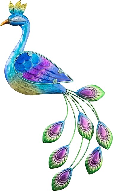 Creekwood Peacock Bird Glass/Metal Garden Wall Art Decoration, (W23 x H46 cm)