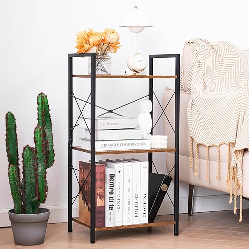 Miniatura 6 de HCHQHS Estantería pequeña, estantería industrial ajustable de 3 niveles, estantería abierta rústica, estanterías horizontales de madera y metal