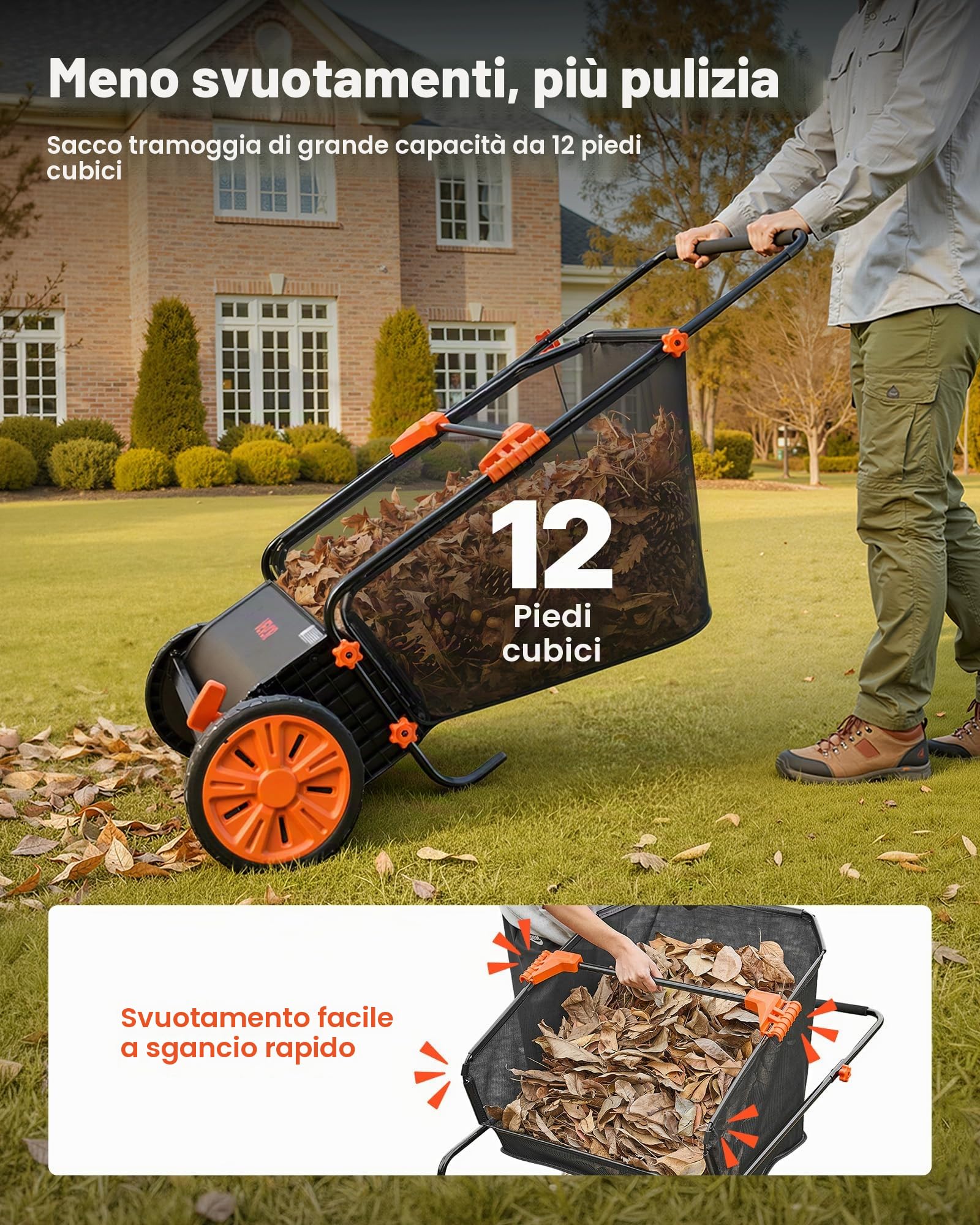 VEVOR Spazzatrice Manuale per Erba da Giardino, Spazzatrice a Spinta Raccoglitore di Foglie Erba Larghezza 76,2 cm, Ruote in Gomma Pulizia di Foglie da Cortile Giardino Campo, Raccoglierba Manuale