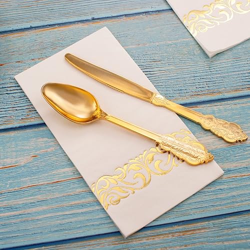 Miniatura 7 de WDF Paquete de 150 servilletas doradas desechables, 3 capas, servilletas de papel blanco y dorado, elegantes servilletas desechables de alta