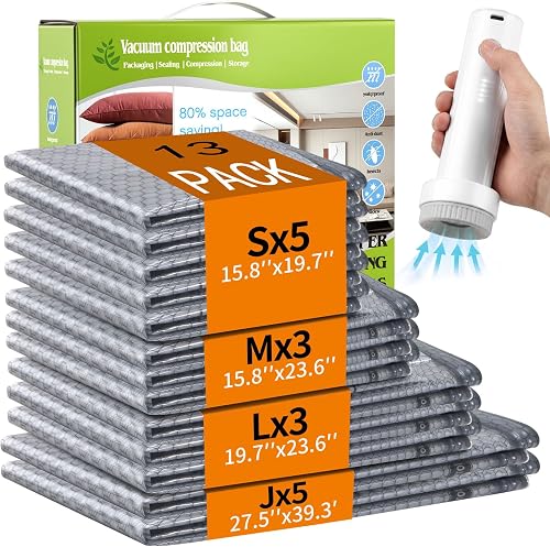 13 Pack Vacuum Seal Bags for Clothing Travel with Electric Pump, Space Saver Vacuum Storage Bags Sealed, Compression Packing Bags for Luggage, Blankets Clothes, Comforter (2 Jumbo+3 L+3 M+5 S)