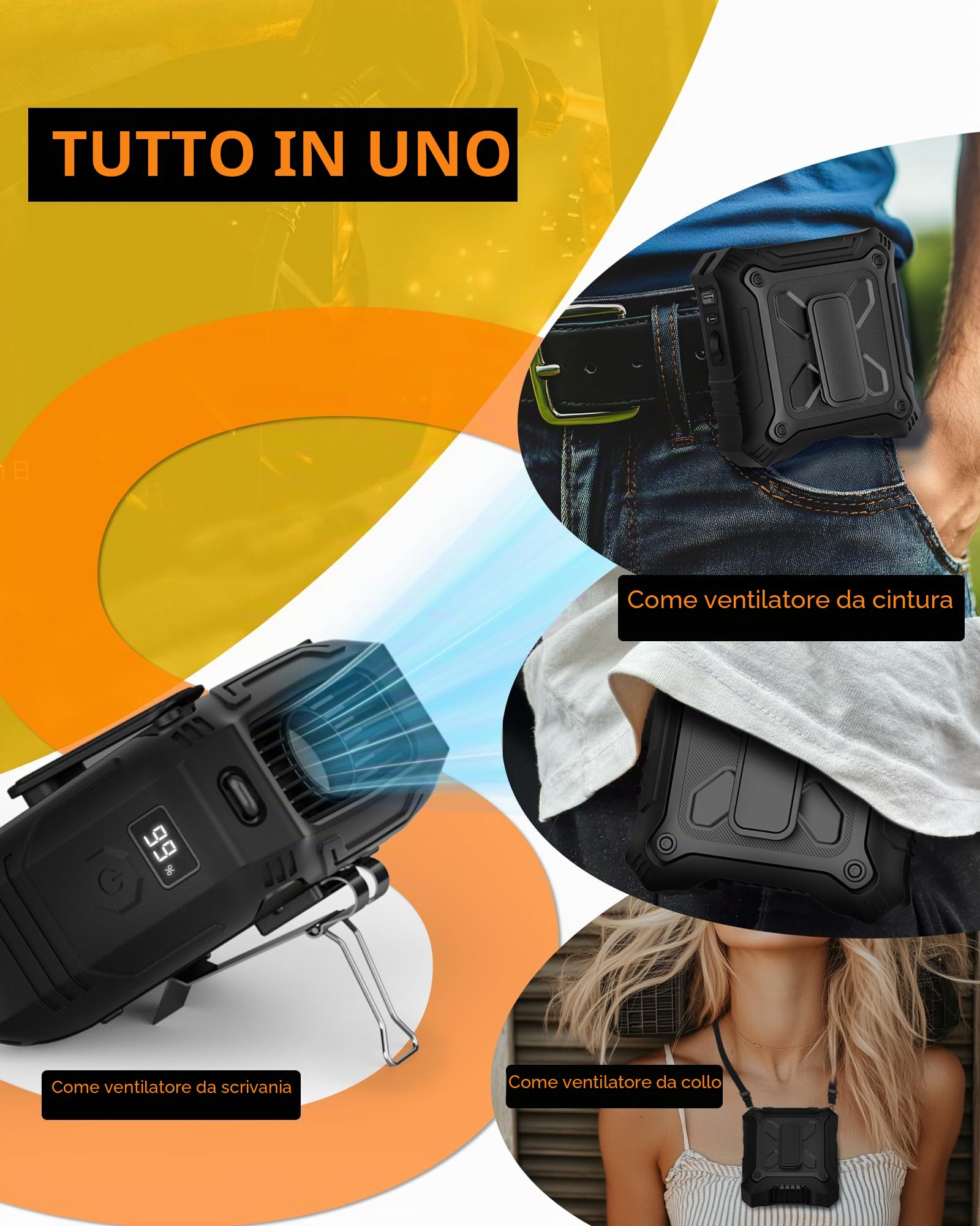 TUNISE Ventilatore clip cintura, batteria ricaricabile 8000 mAh,5 velocità fino a 24 ore di autonomia, luce LED & segnale SOS integrati, Ventilatore portatile per lavoro esterno, campeggio