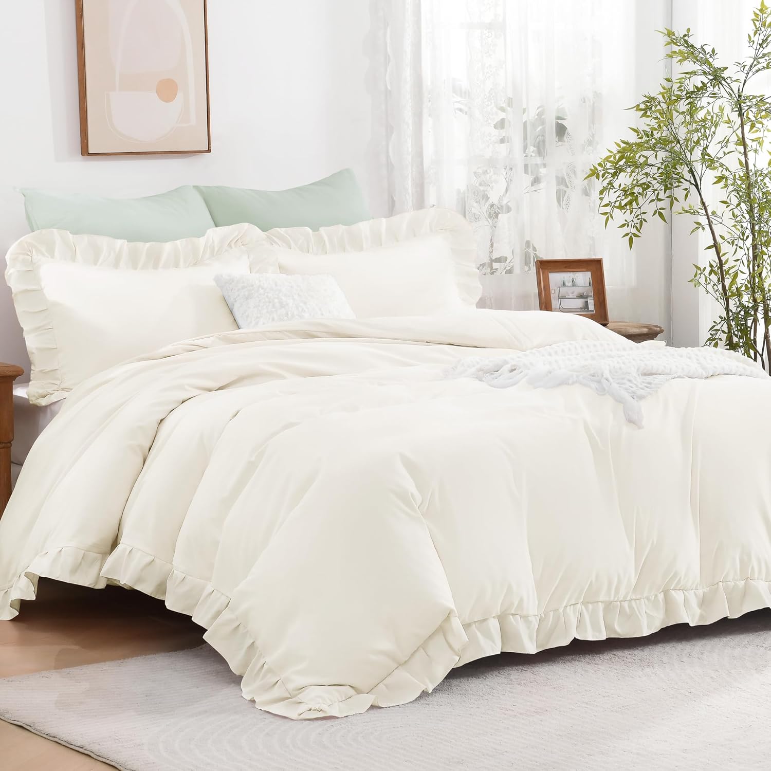 Andency Ivory Ruffle Duvet Cover Queen(90x90Inch), 3 Pieces Soft Washed Polyester Vintage Shabby Chic Farmhouse Ruffled Duvet Cover Set with Zipper Closure & Corner Ties